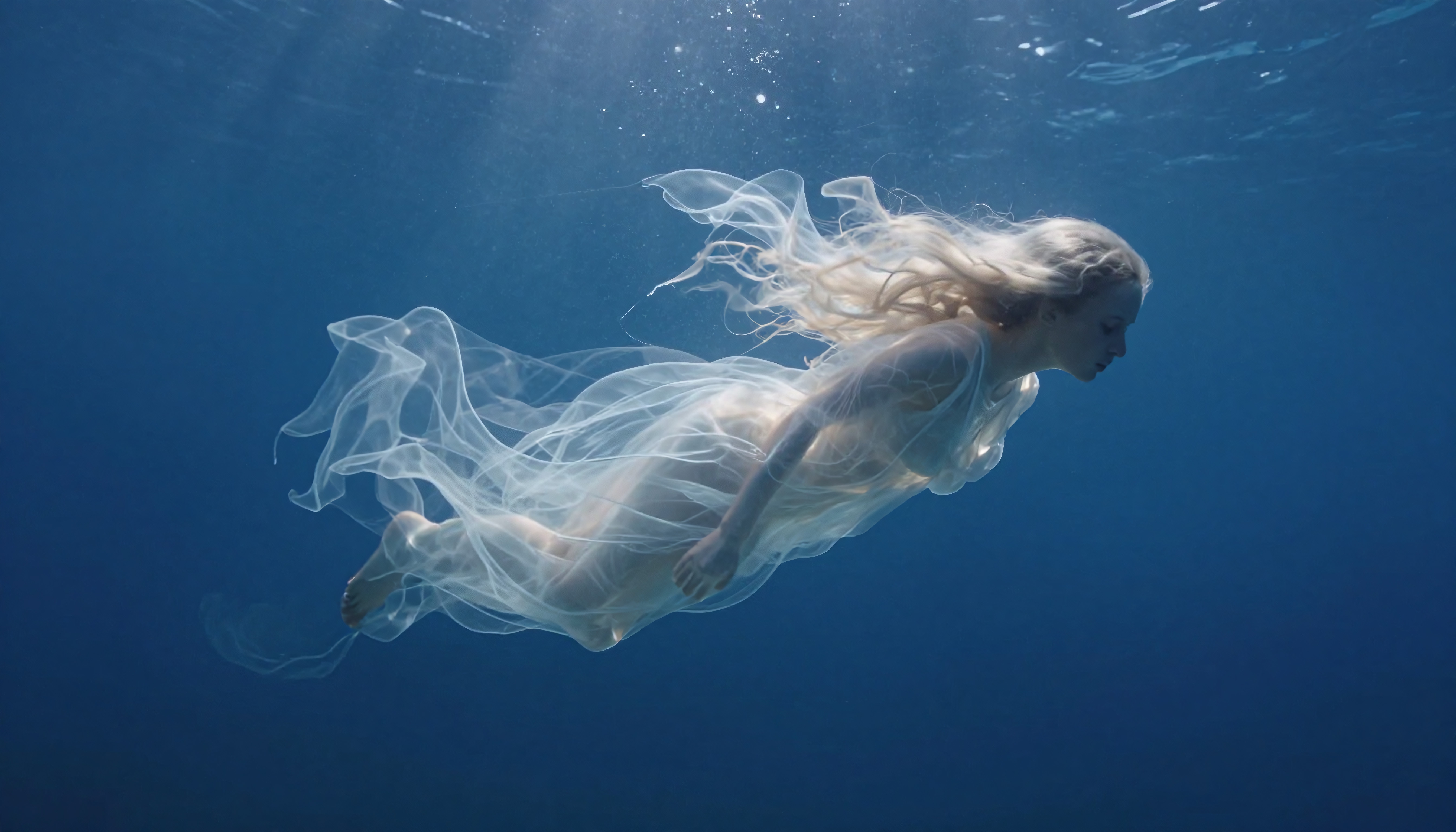 A serene woman draped in a flowing dress floats gracefully underwater, surrounded by cascading hair and illuminated by filtered light.