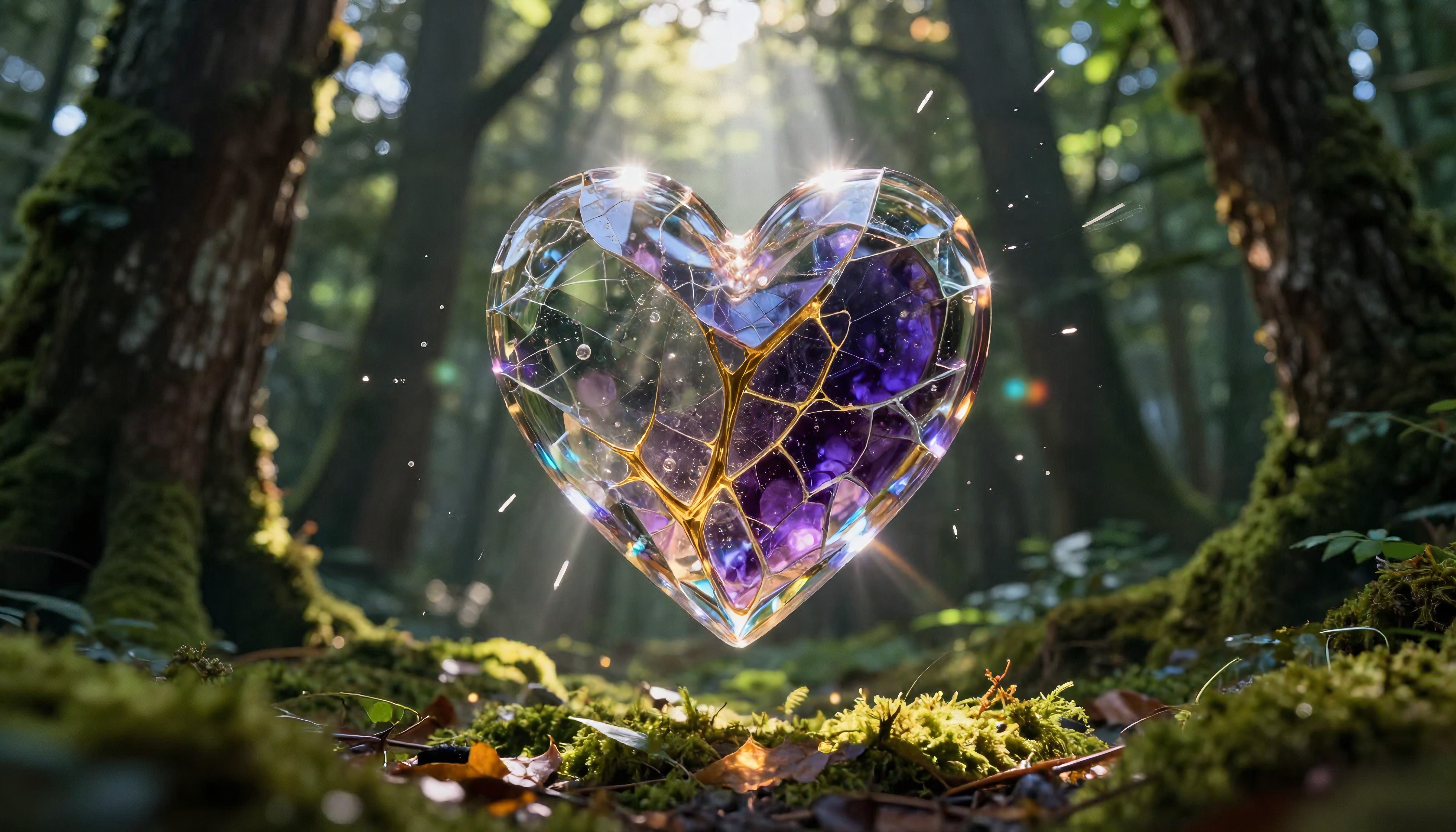 A glowing heart-shaped crystal floats amidst a tranquil forest, bathed in sunlight and surrounded by greenery.