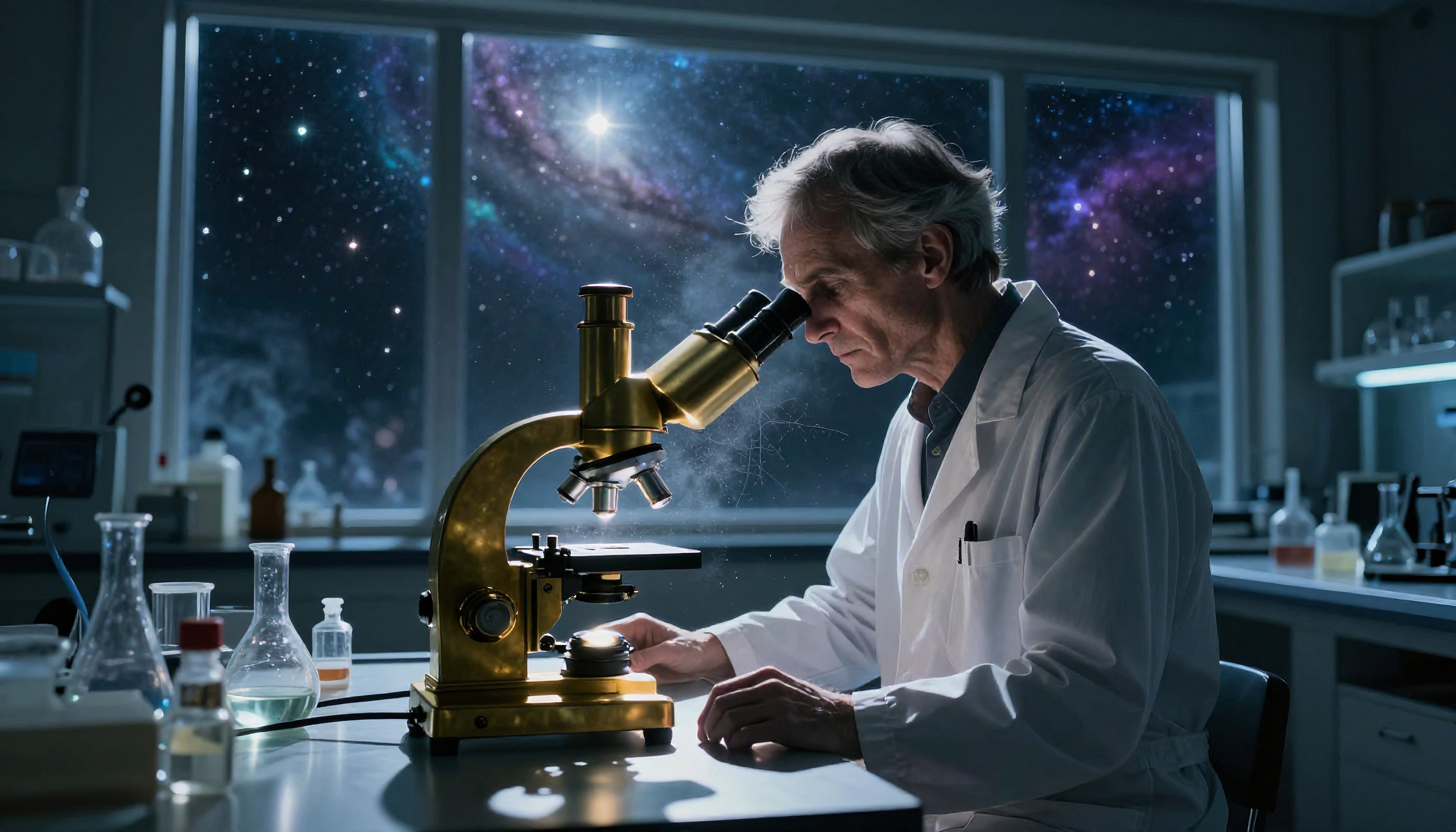 A scientist examines samples in a laboratory, with a galaxy visible through the window, blending micro and cosmic realms.