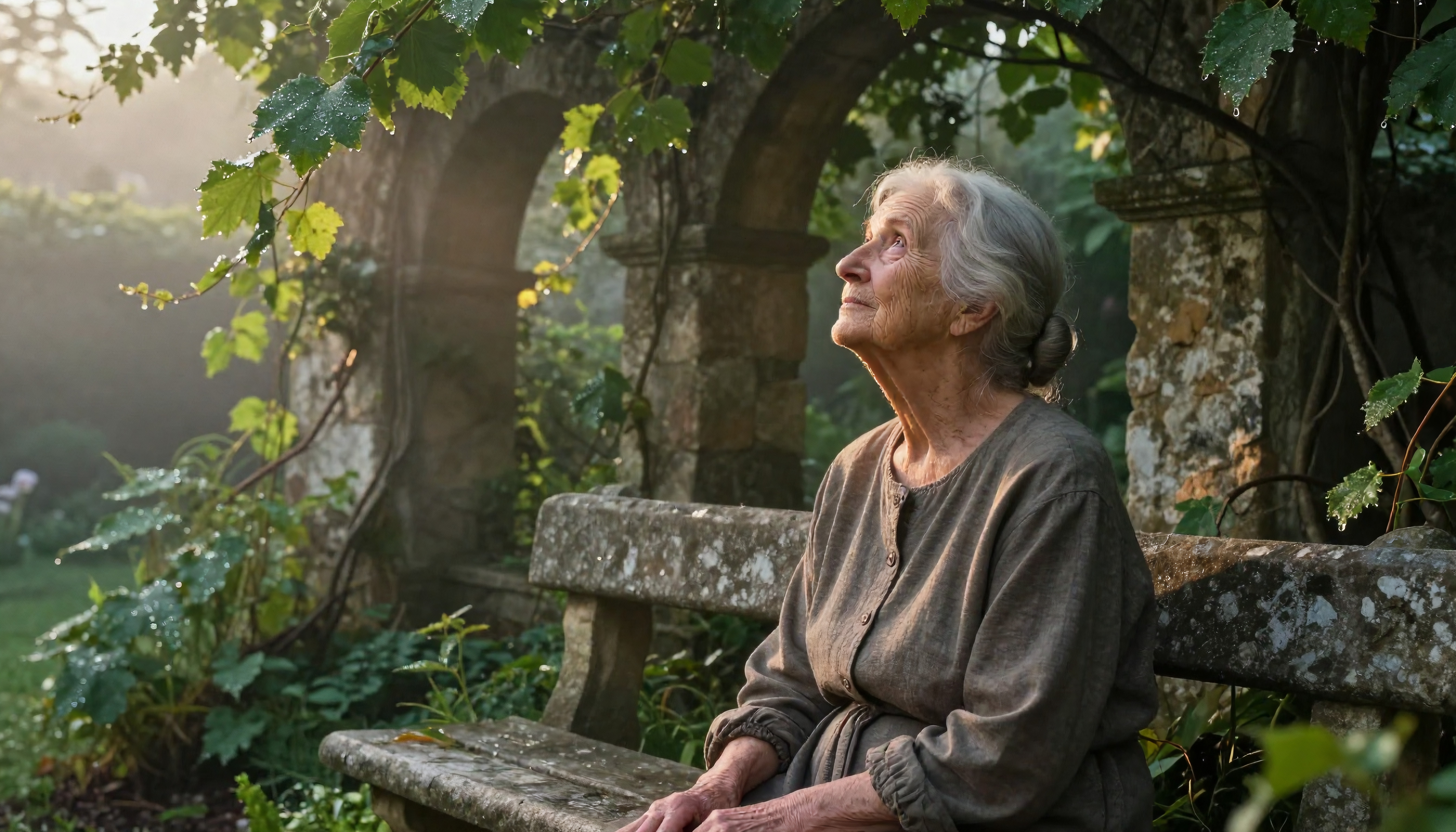 An elderly woman sitting on a stone bench, surrounded by lush greenery and sunlight filtering through garden leaves, in a serene and contemplative scene.
