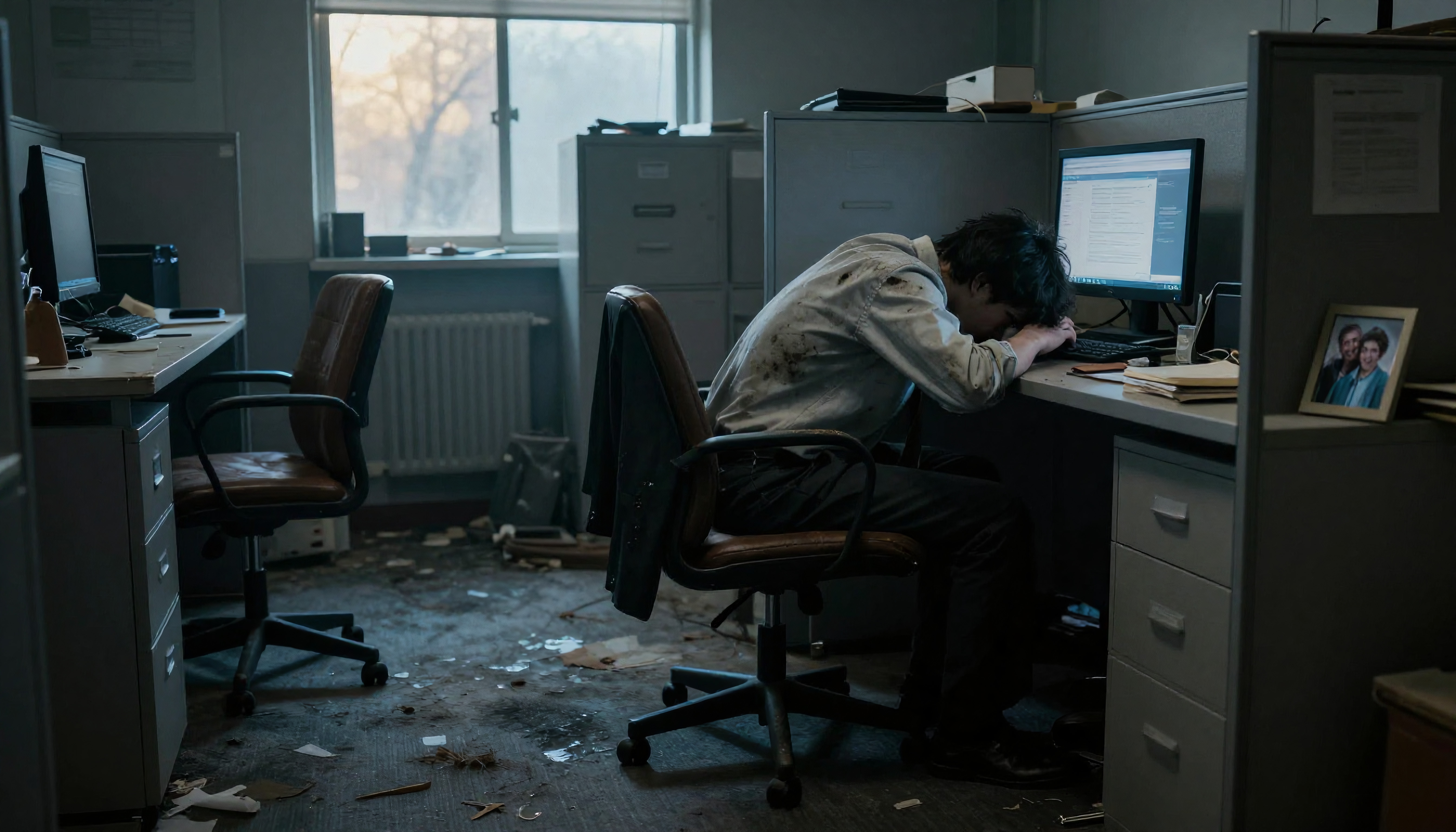 A stressed worker slumps over a cluttered desk in a dimly lit office, conveying exhaustion and disarray.
