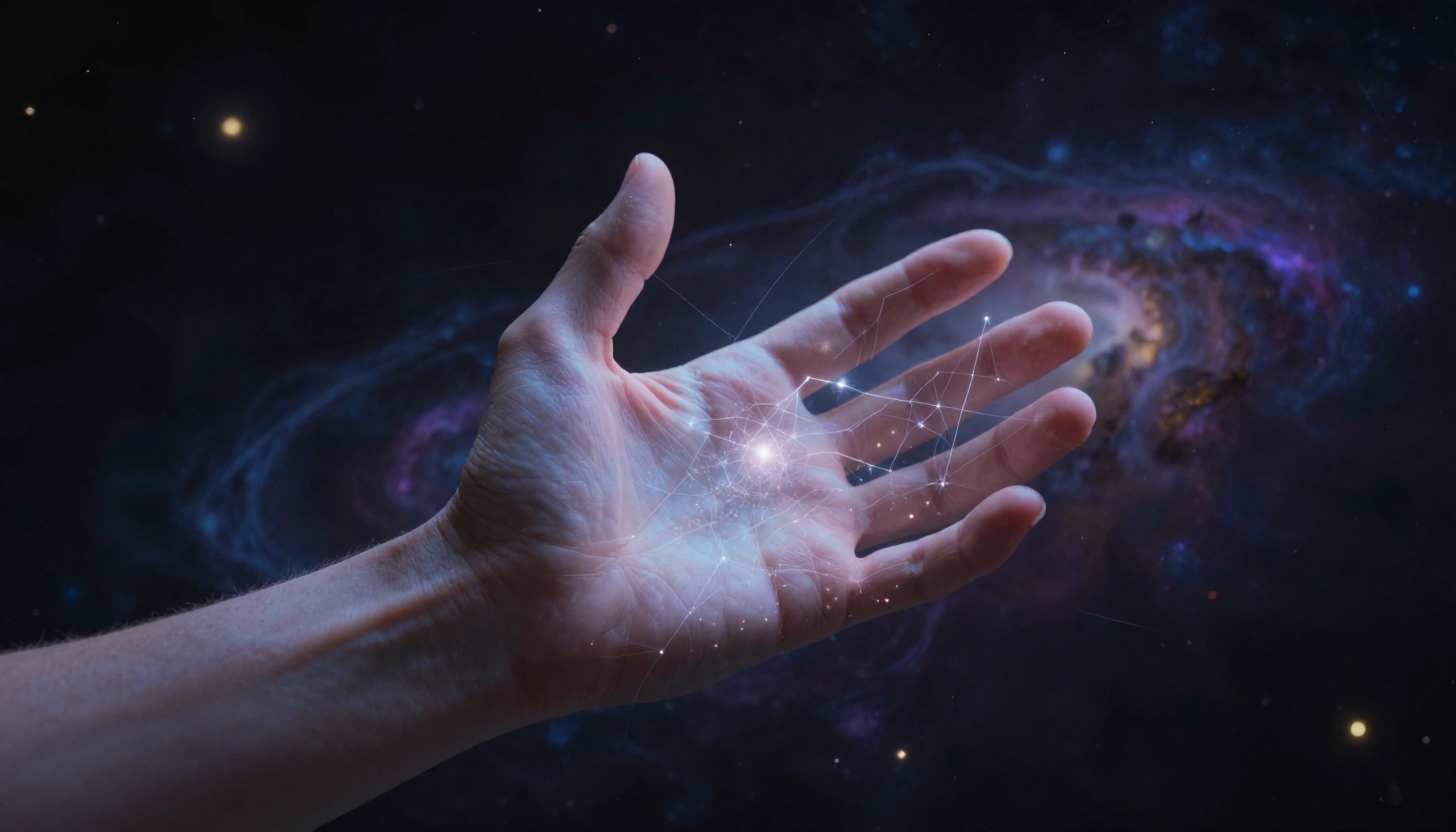 A hand reaching into the universe with a cosmic backdrop.