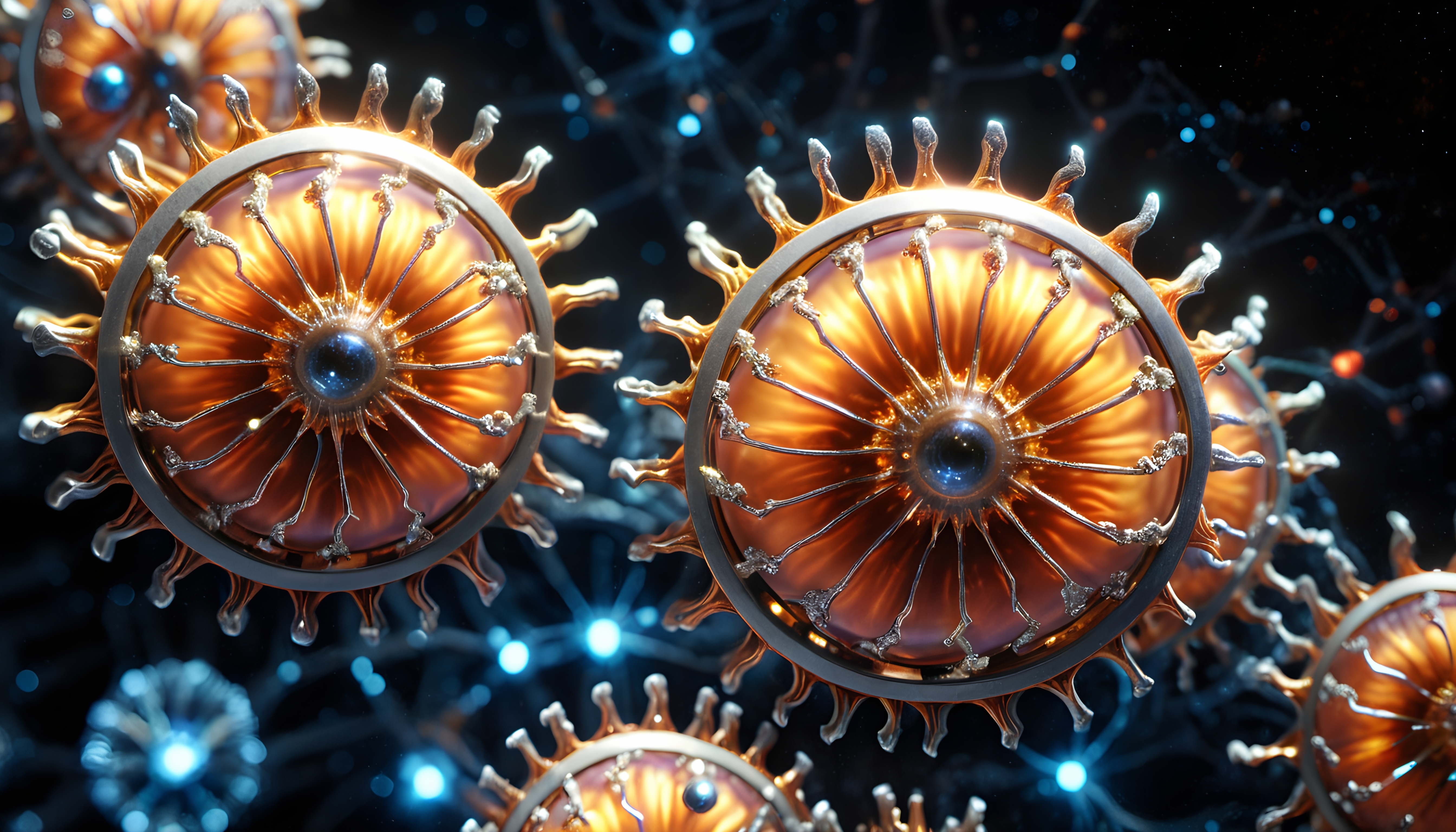 Intricately designed futuristic gears float.