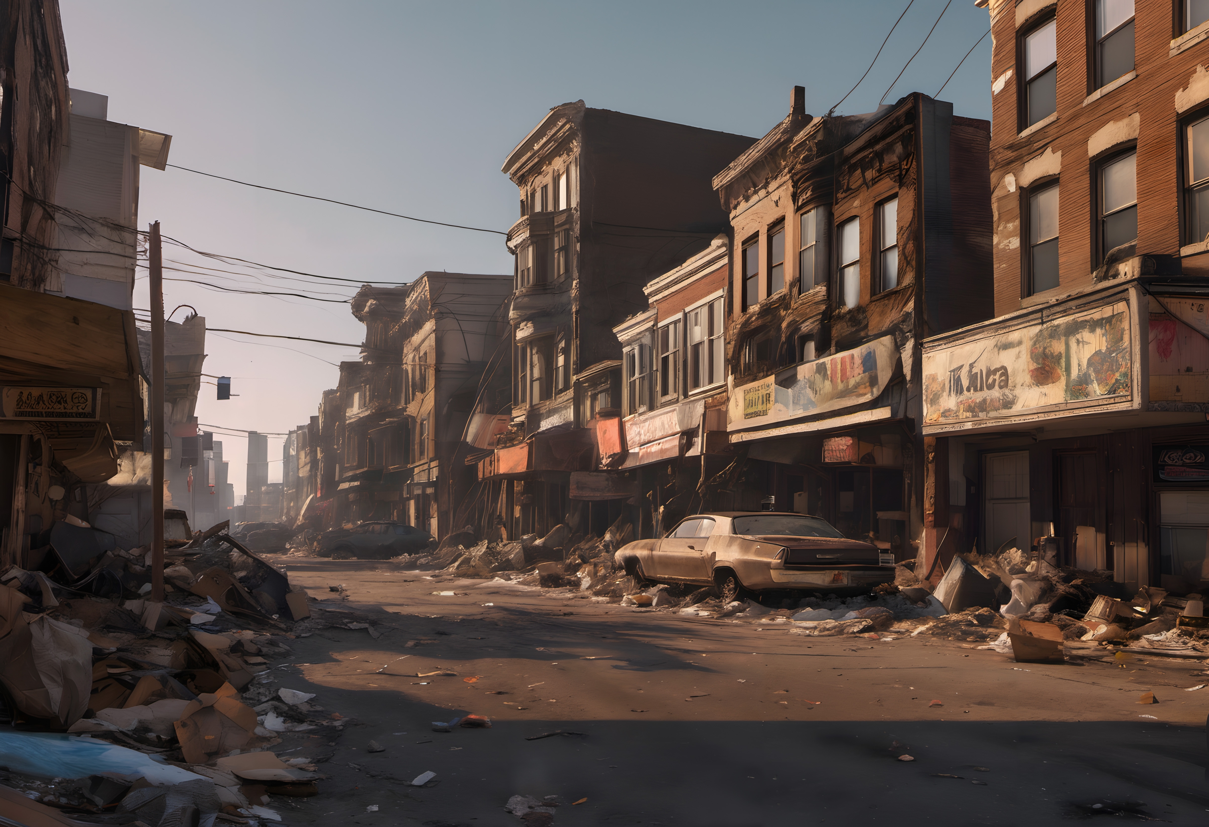 An abandoned urban street with debris, damaged buildings, and a neglected car, depicting a post-apocalyptic scene.