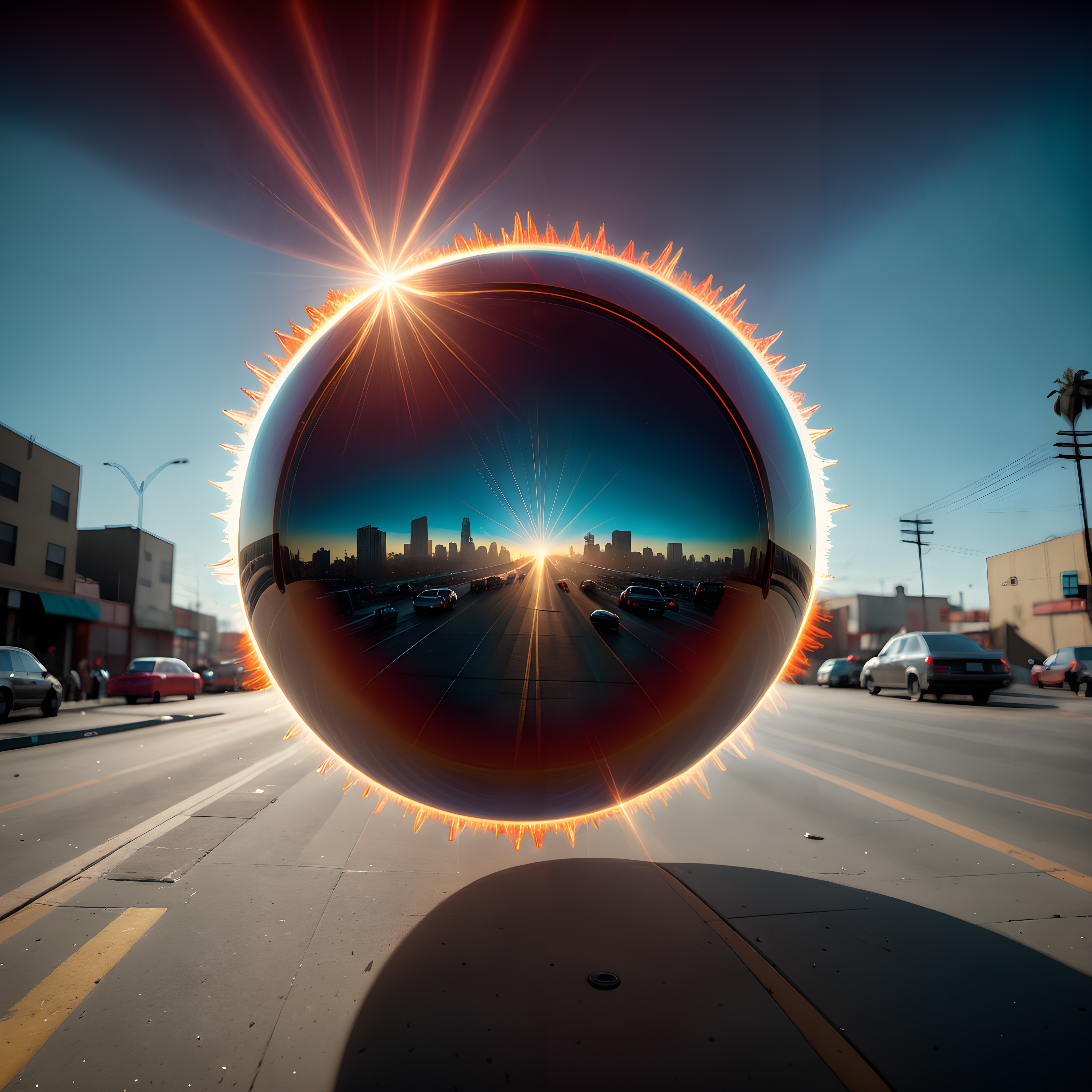 Futuristic sphere reflecting cityscape on sunlit street.