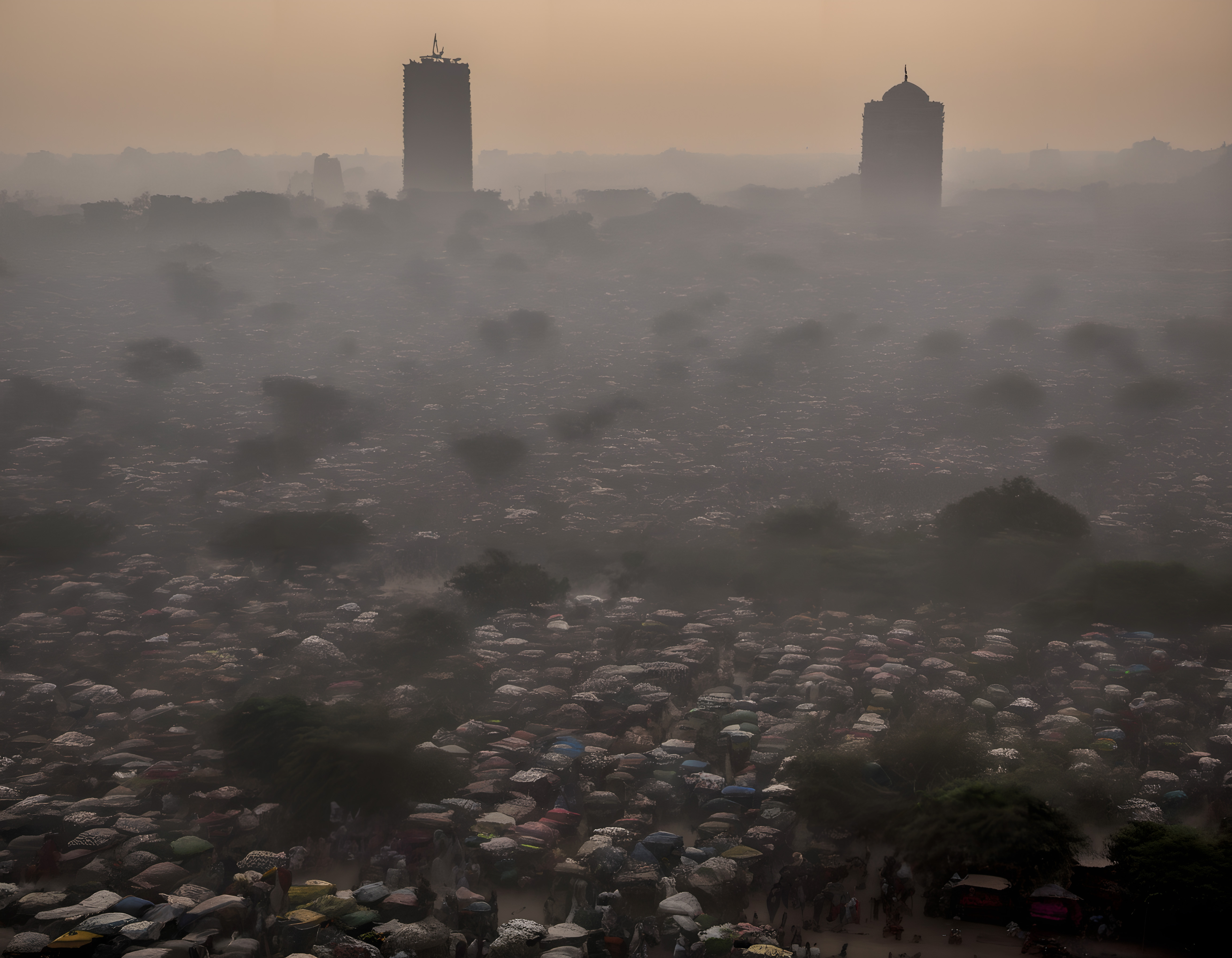 Crowded Street Scene with Modern Skyscrapers in Hazy Atmosphere