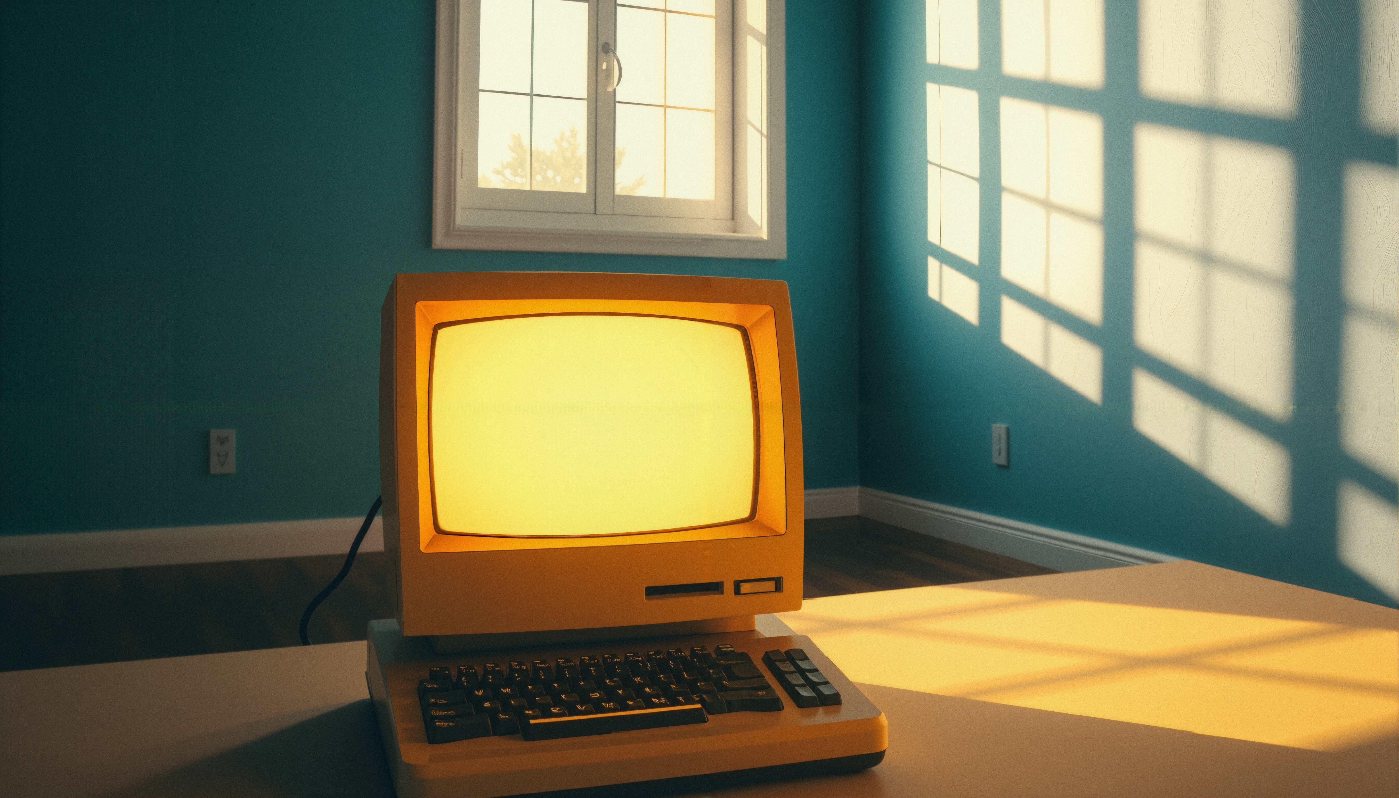 Vintage computer with yellow glowing screen sits on a desk in a sunlit room with teal walls.