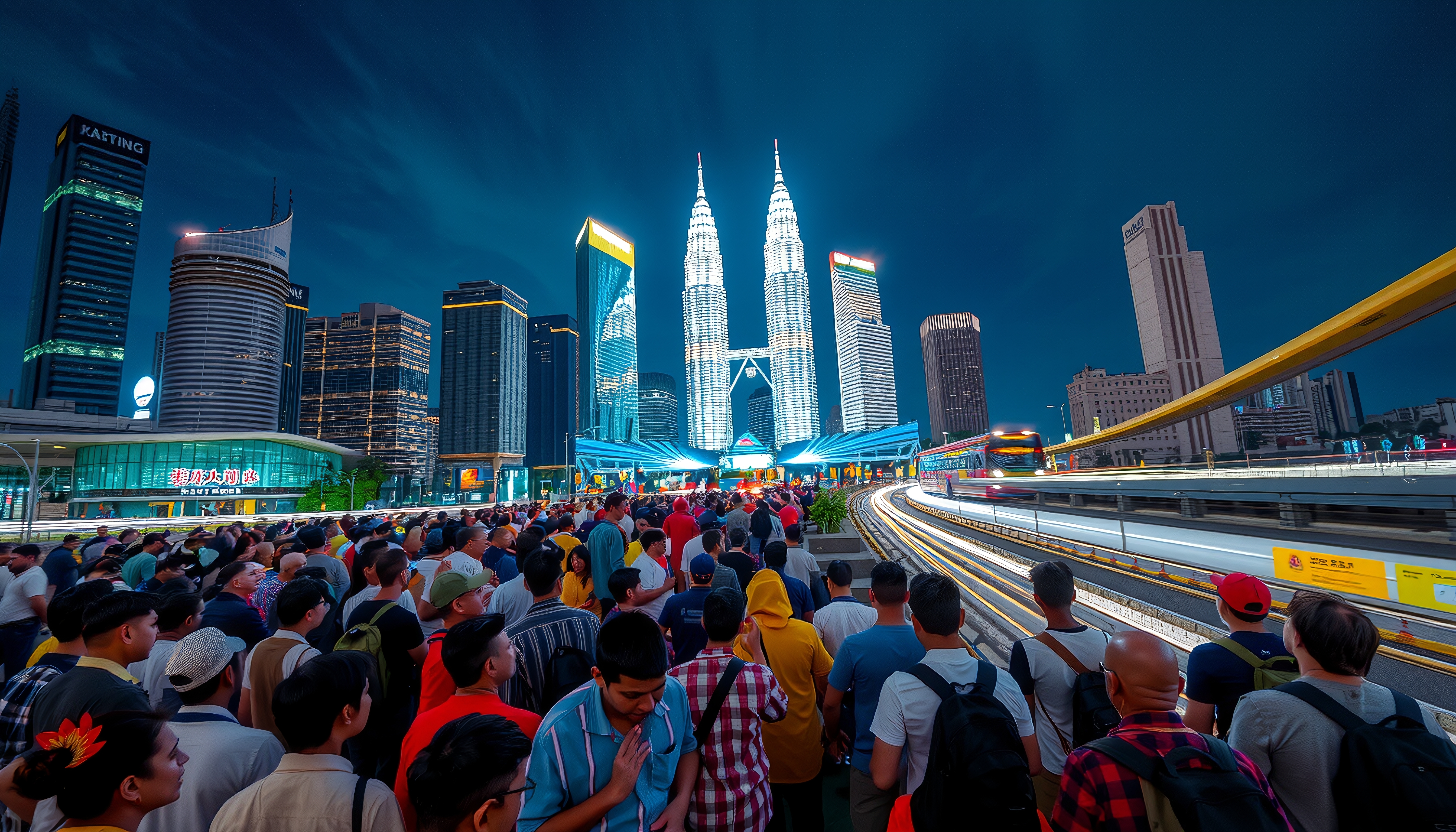 A large crowd in Kuala Lumpur gathers before the illuminated Petronas Towers, with a speeding train showcasing the city's modern urban spirit.