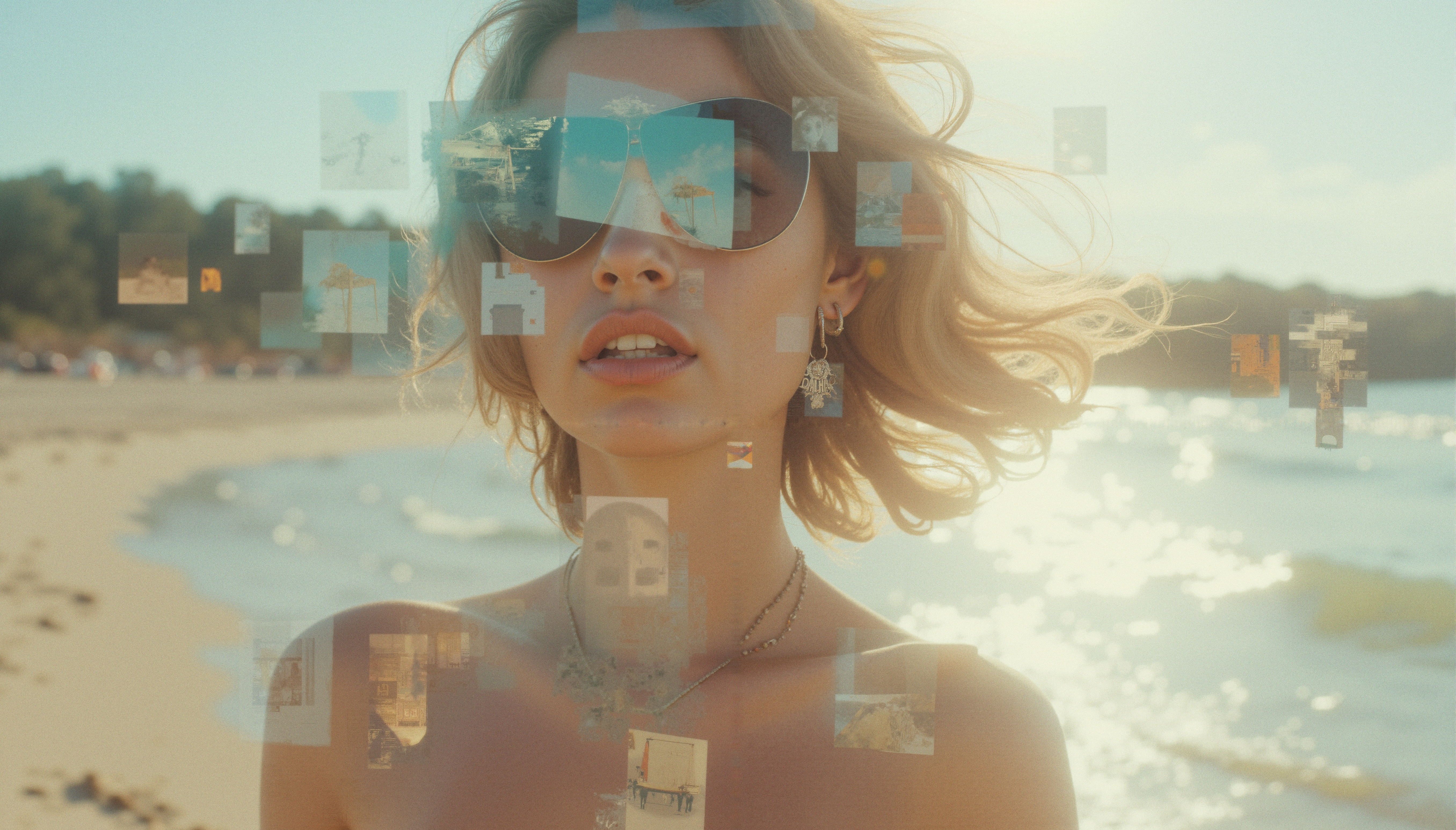 Woman with sunglasses standing on sunny beach surrounded by floating photo fragments