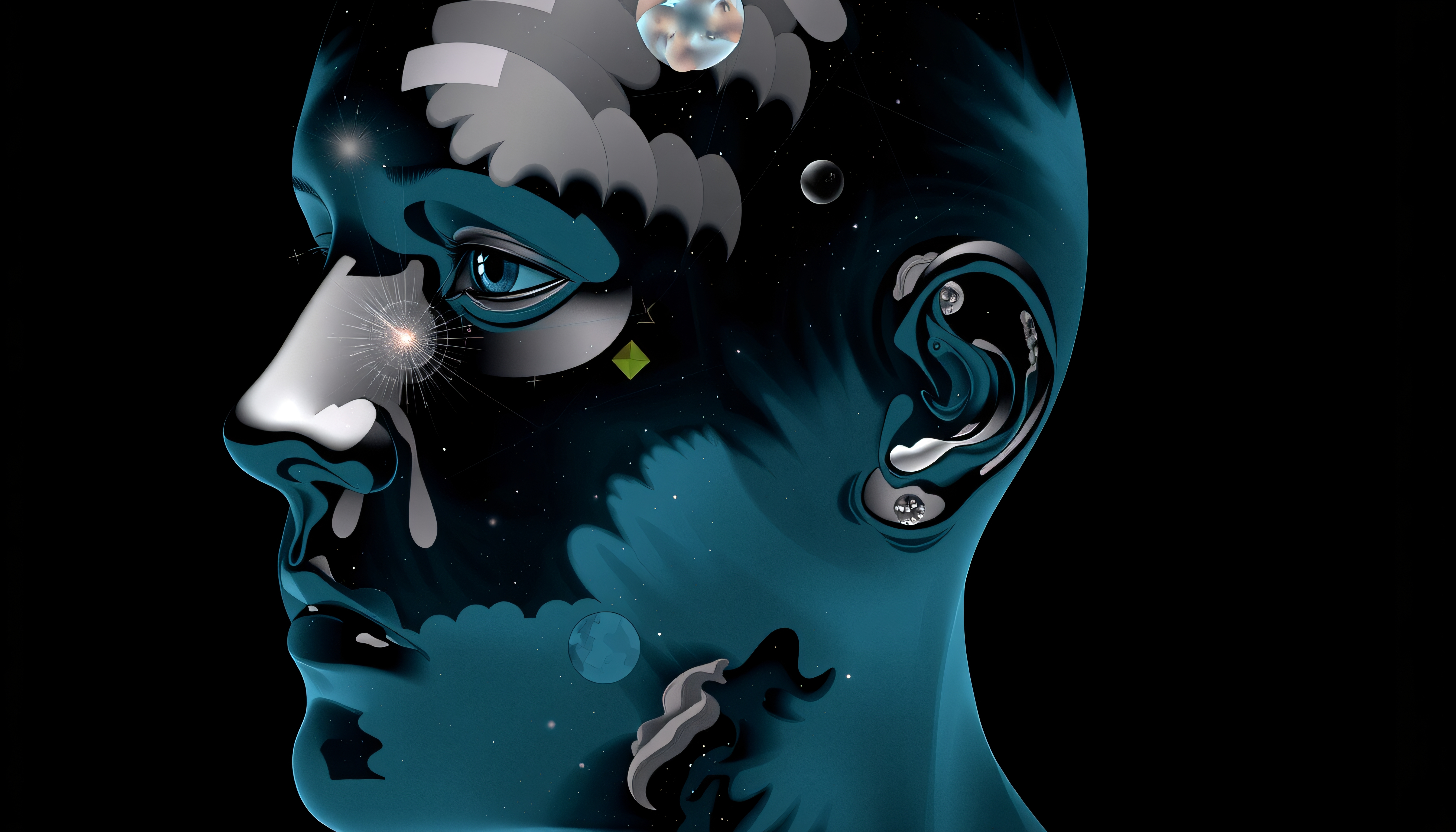 Abstract digital art of a cosmic human head profile with blue tones, stars, planets, and surreal elements on black background