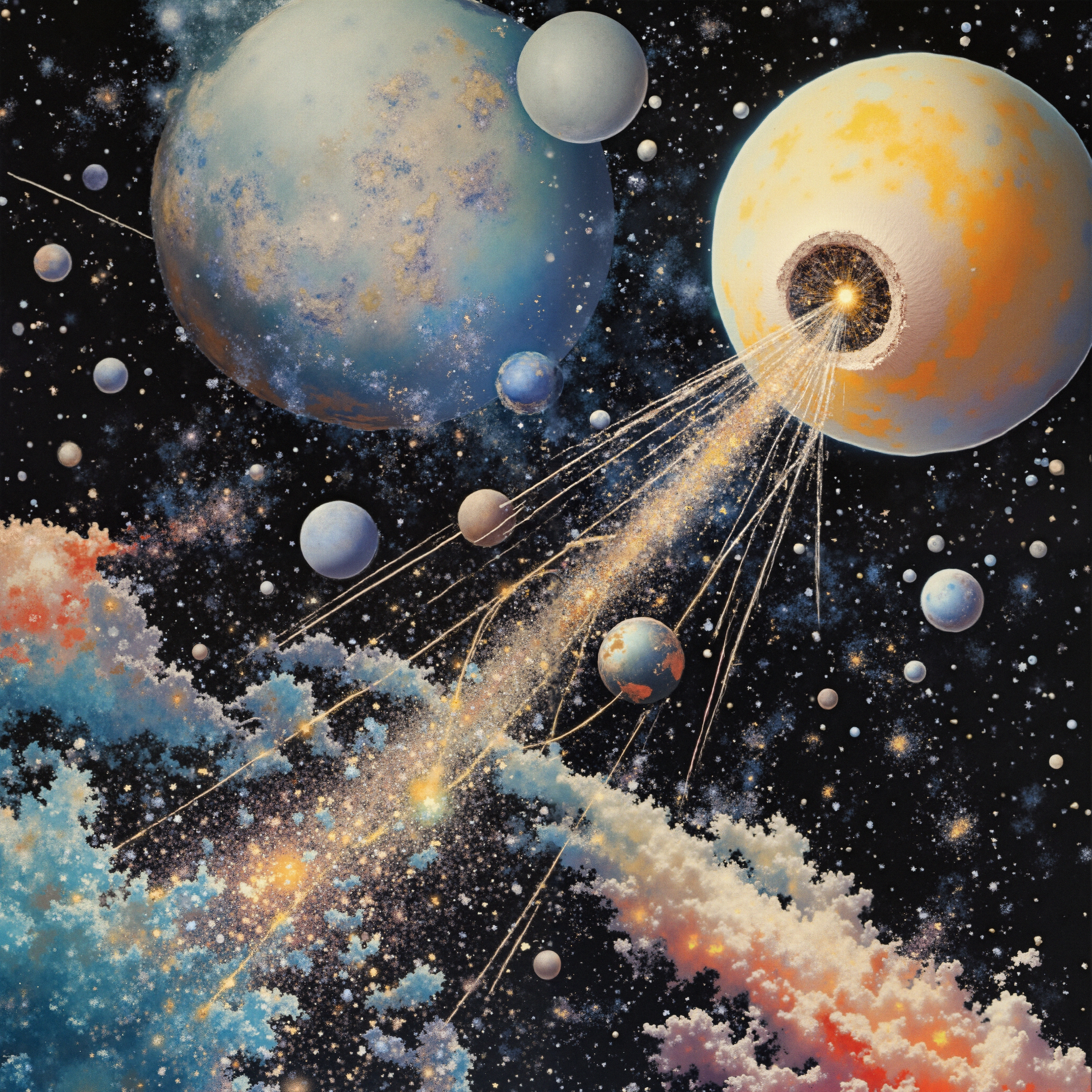 A vibrant cosmic scene with colorful planets, stars, and interstellar clouds.