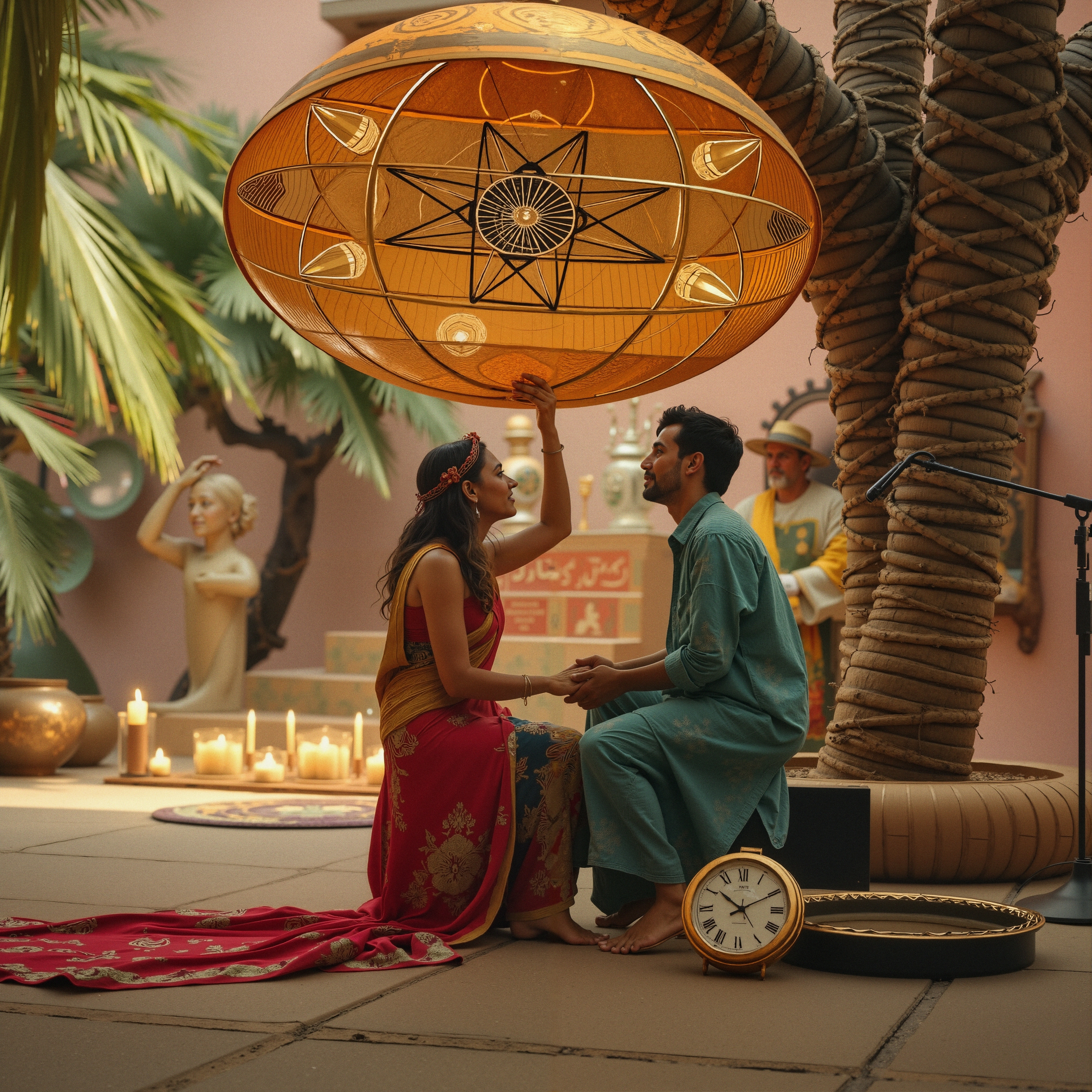 A couple sits surrounded by candles and a large hanging lamp, creating a warm, romantic atmosphere.