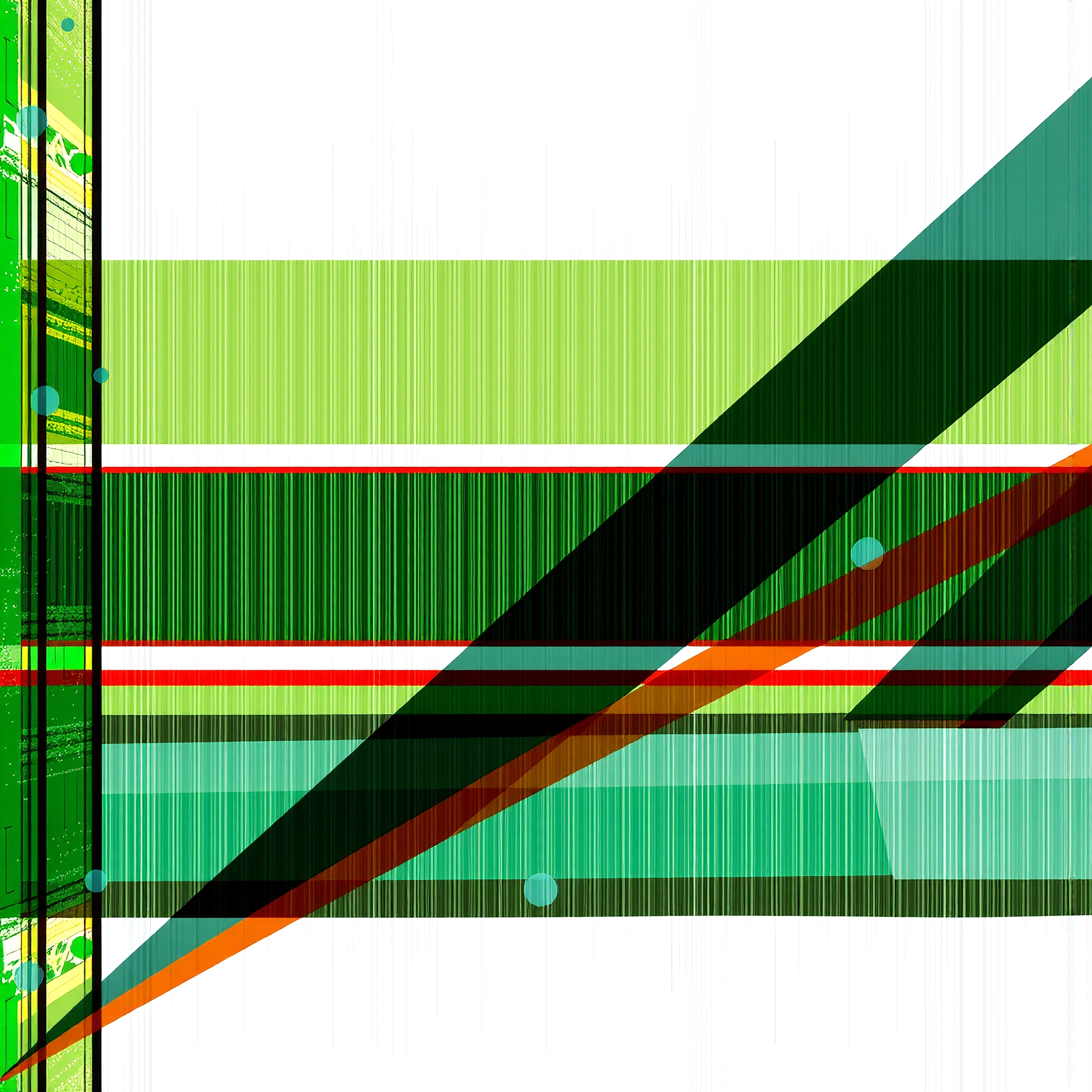 Abstract geometric design with green stripes, intersecting lines, and blue circles for a modern, dynamic look.