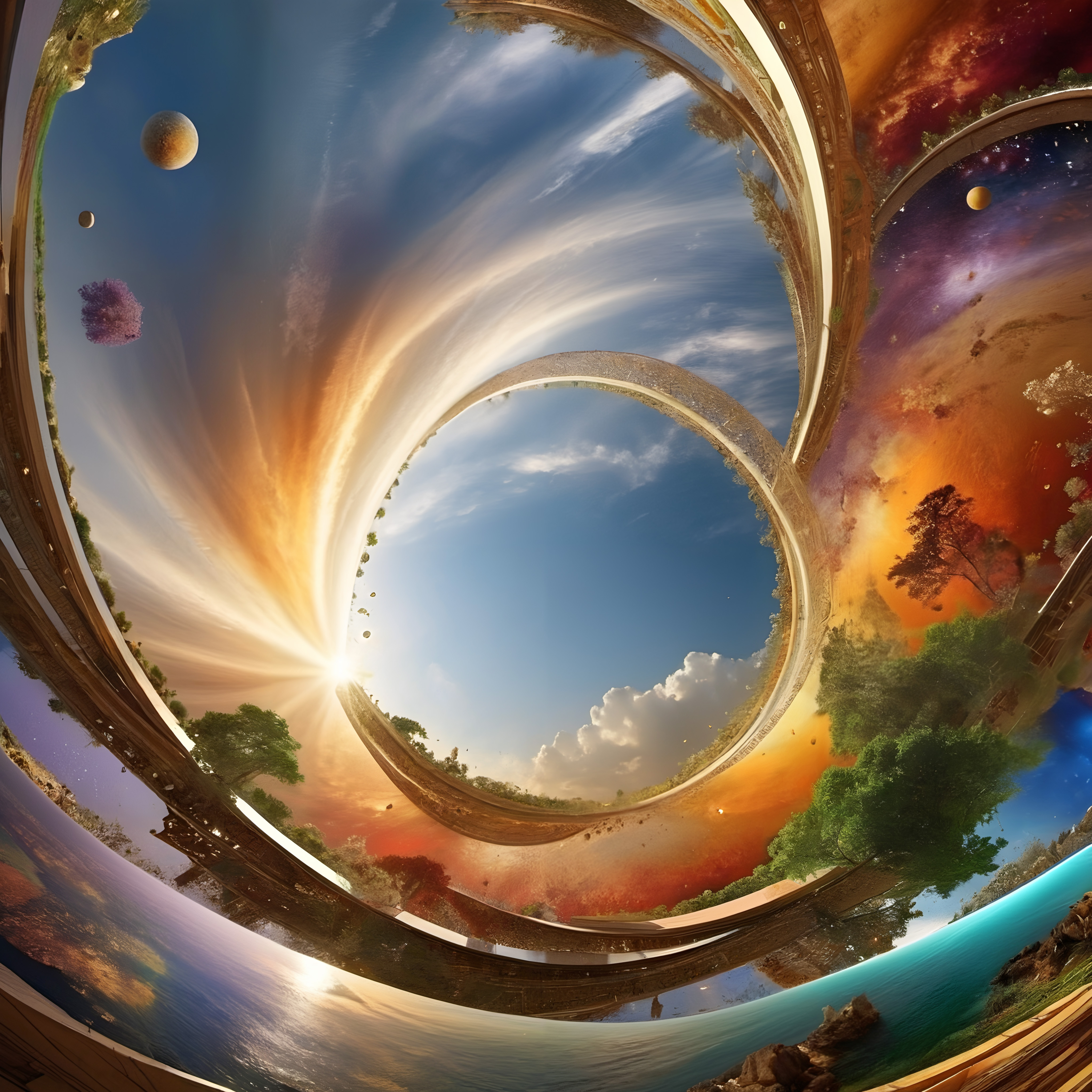 Surreal cosmic landscape with swirling infinity rings reflecting skies, trees, oceans, and distant planets in stunning AI-generated artwork