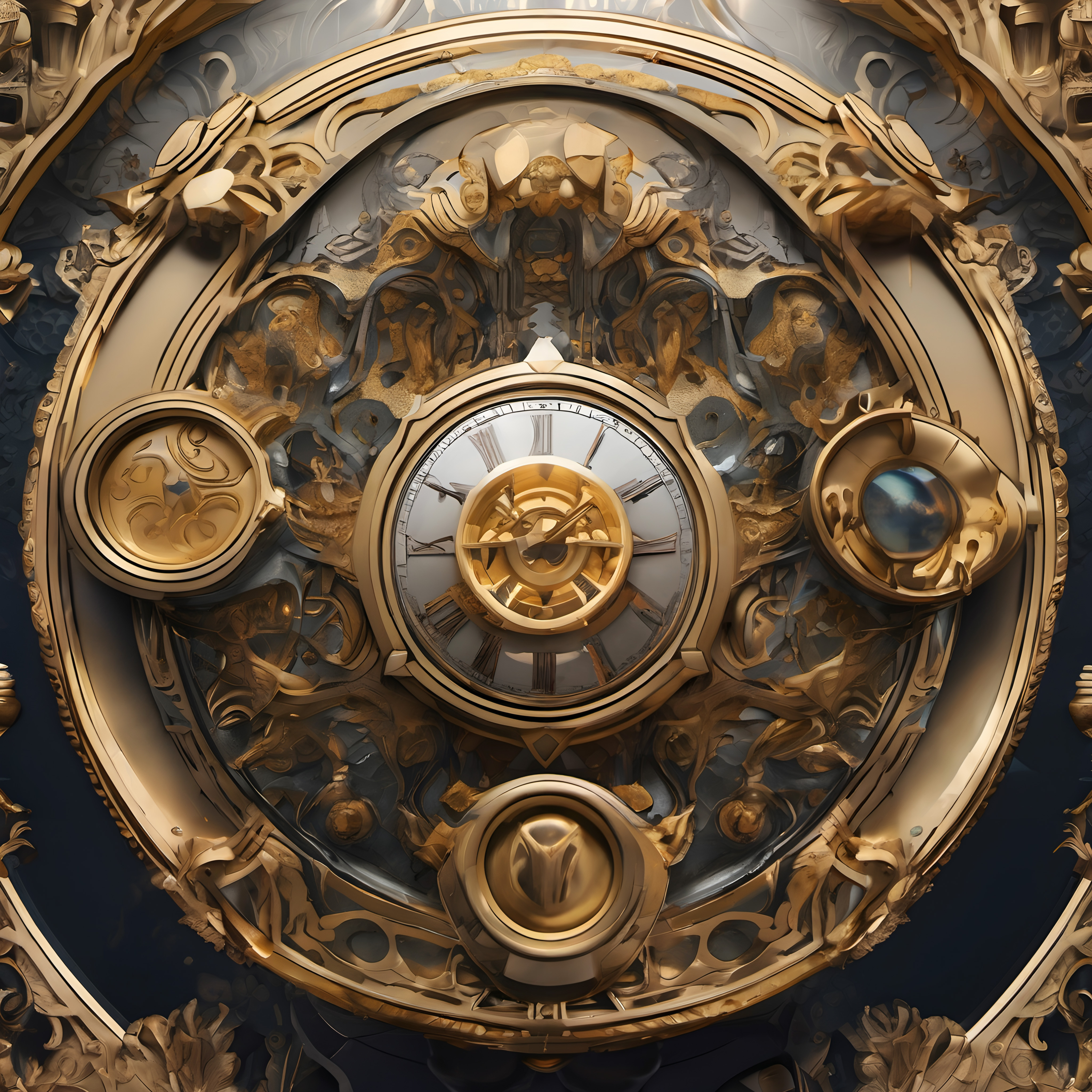 Ornate golden clock with intricate clockwork, Roman numerals, and decorative gold elements