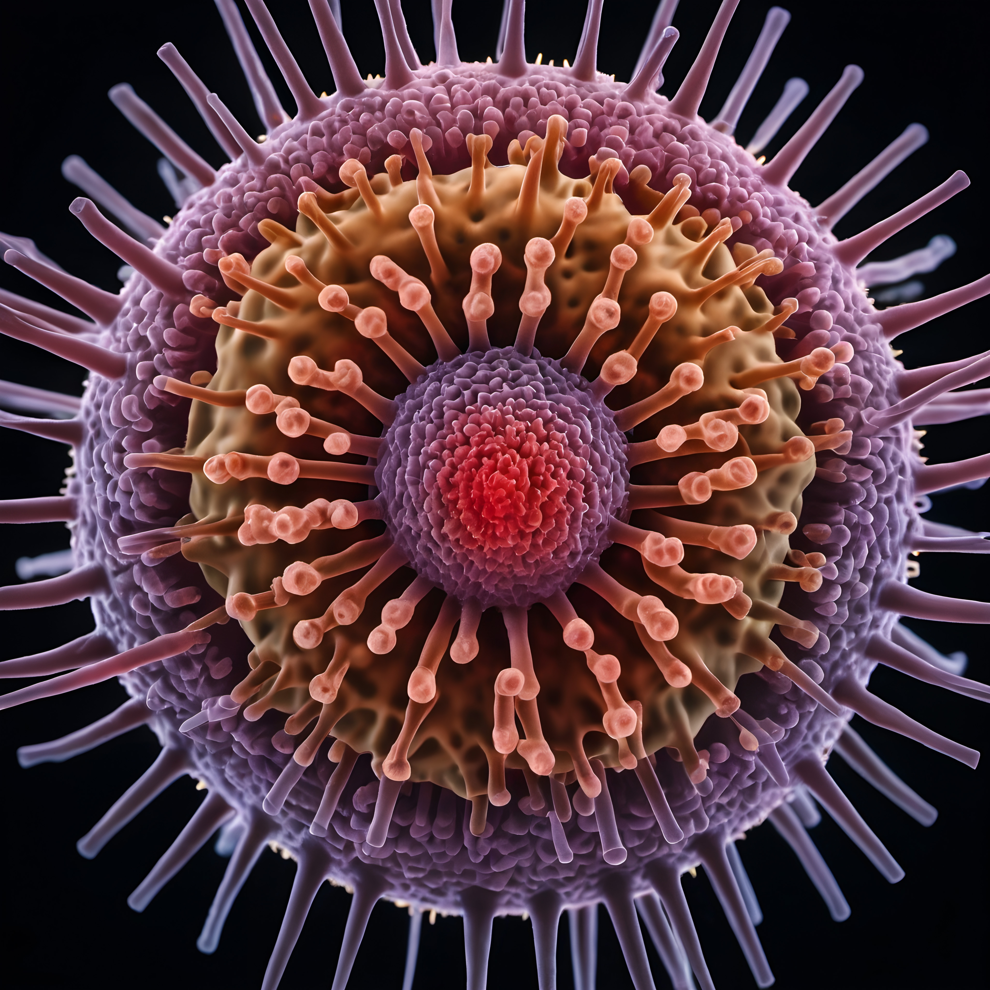 Colorful and detailed virus illustration with spikes.