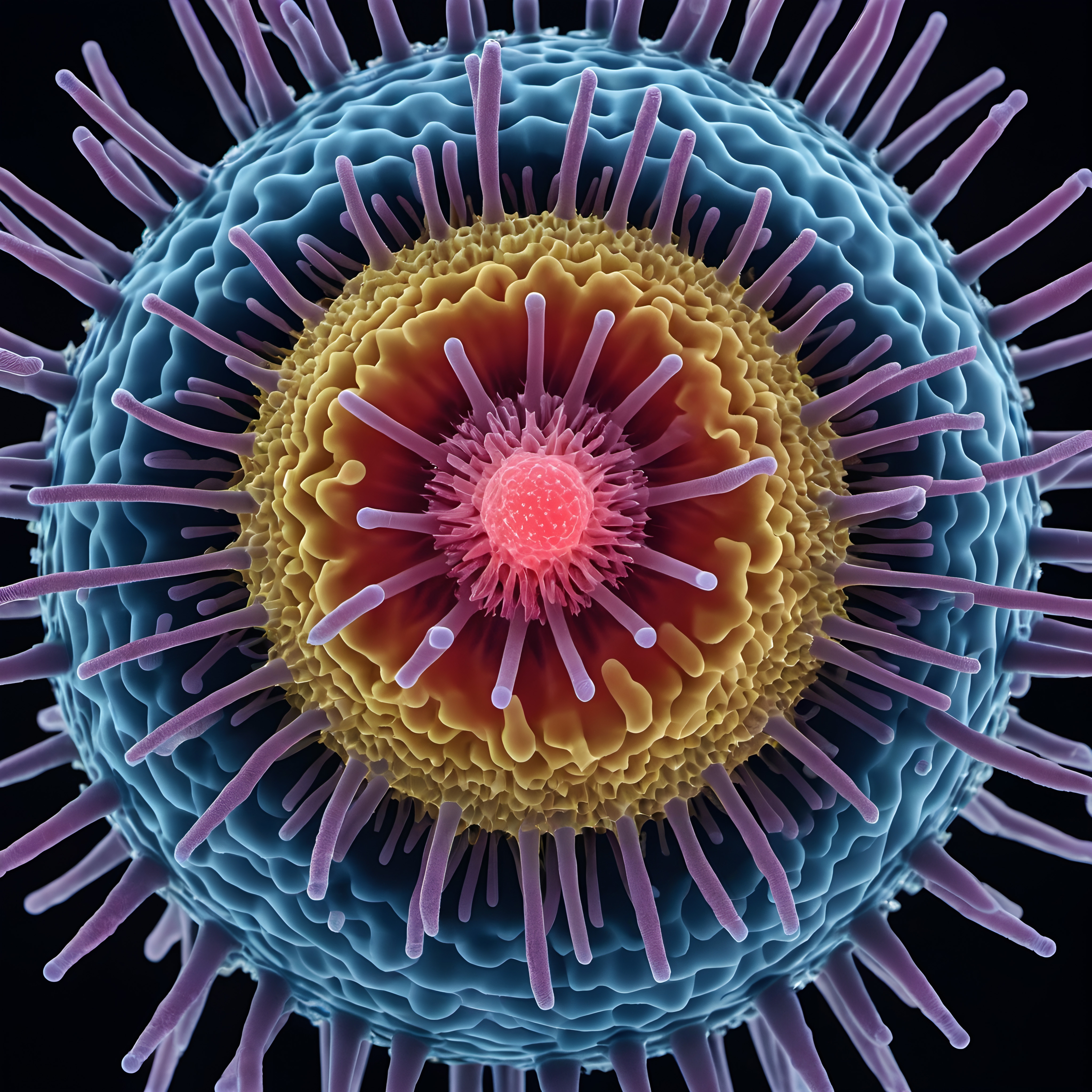 Close-up view of a colorful, magnified virus particle with spike proteins extending from its surface, isolated on a dark background.