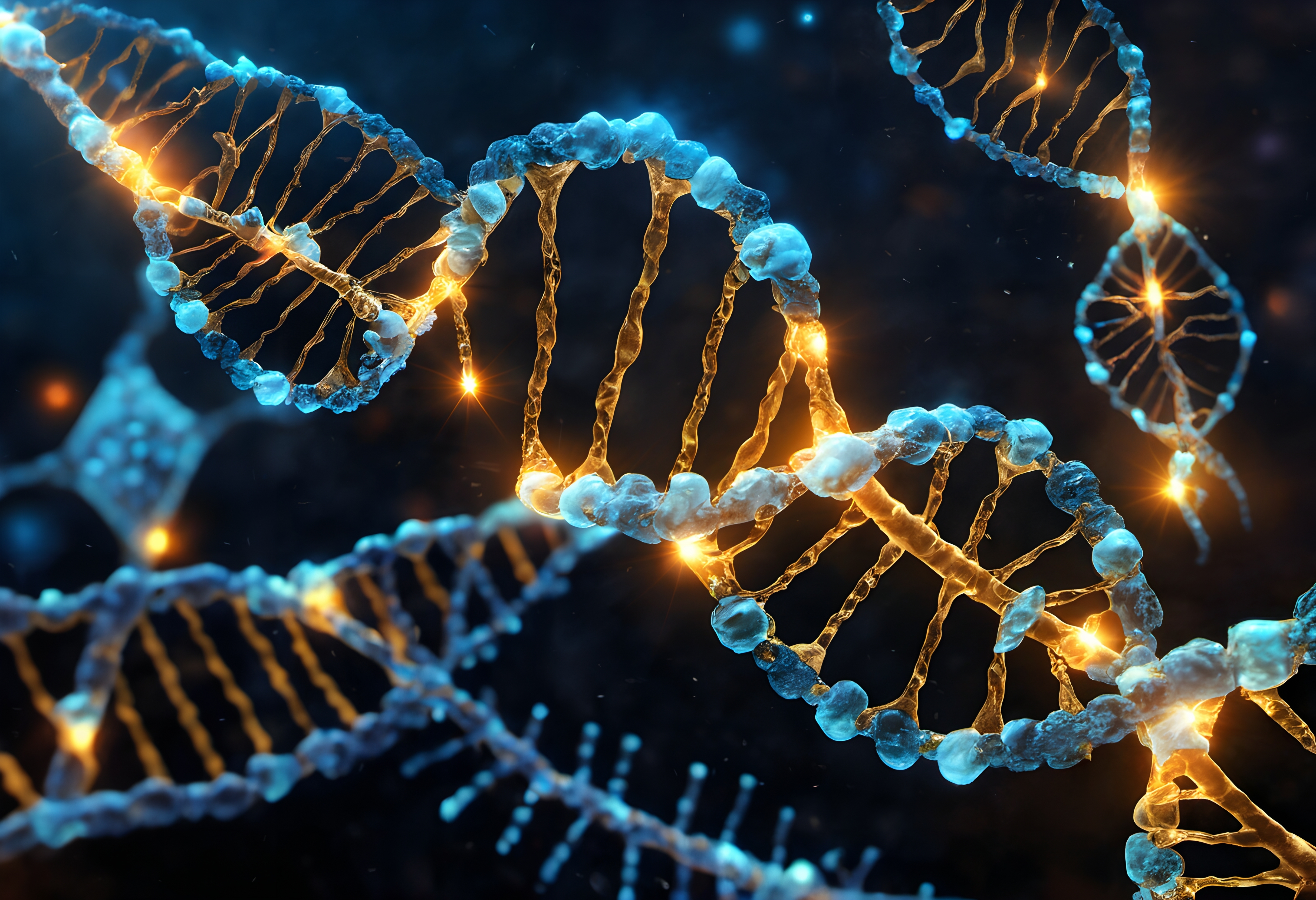 A detailed artistic representation of DNA strands with a glowing double helix structure on a dark background.