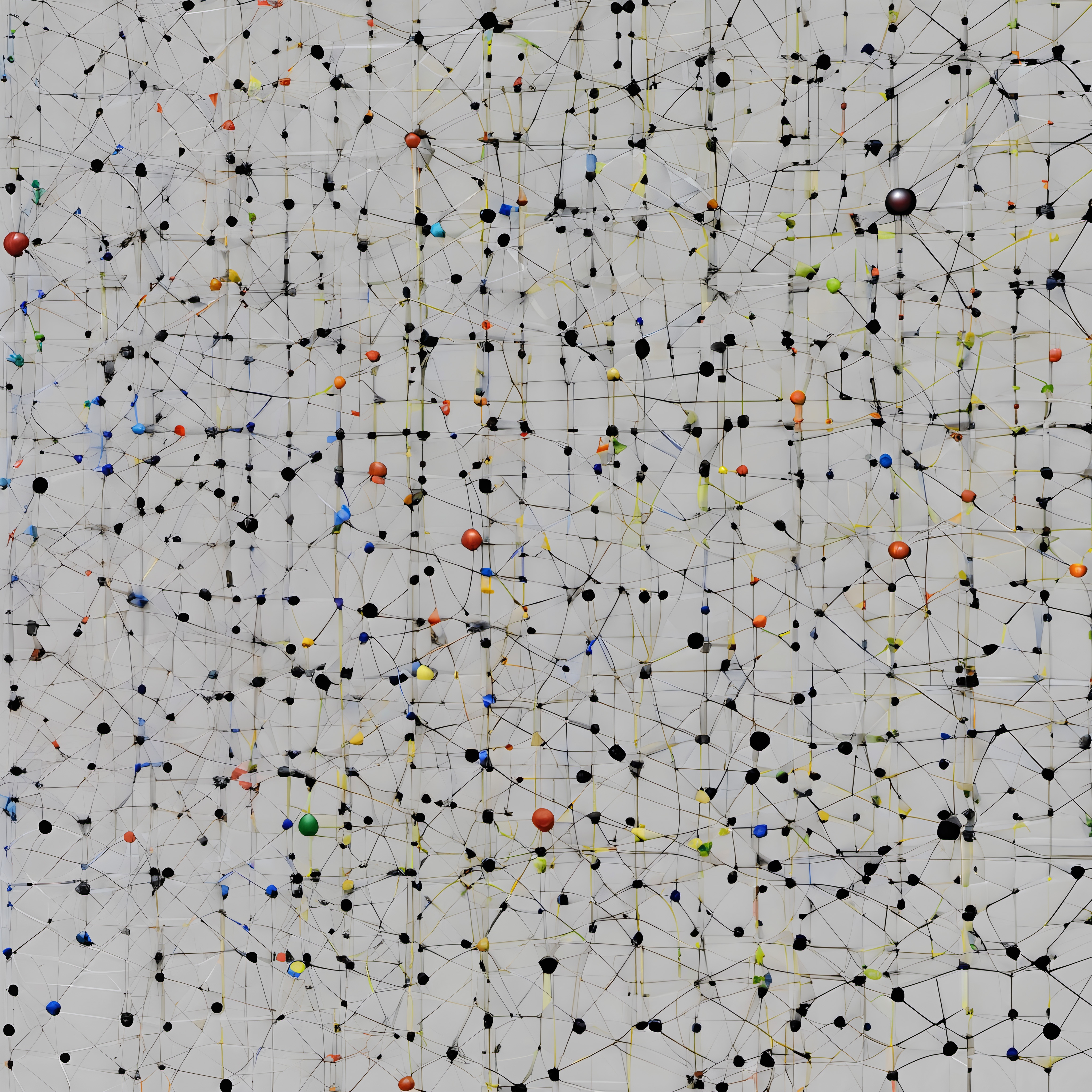 Detailed abstract network with colorful spheres interconnected by thin lines over a light gray background.