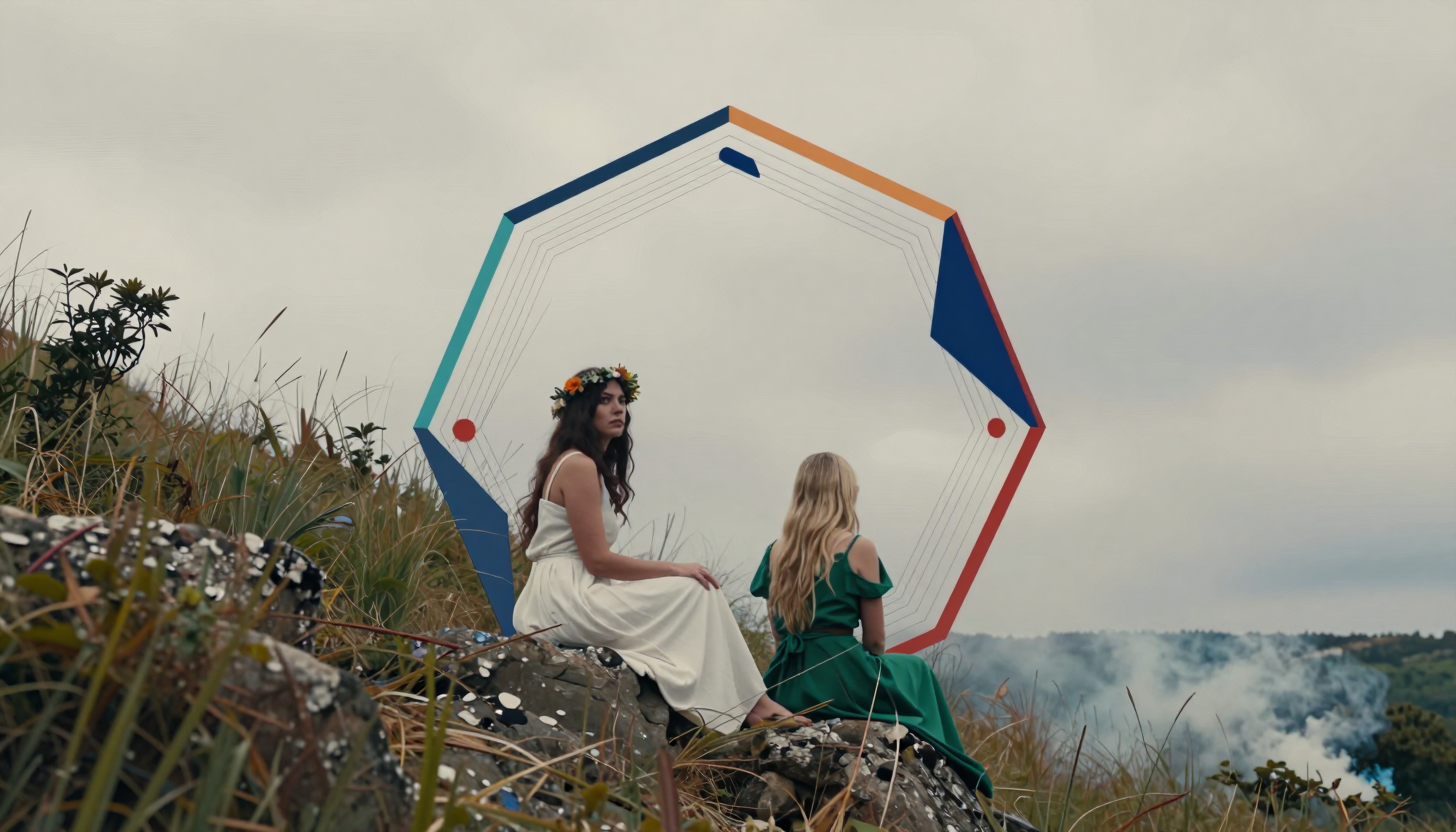 Two women sit beside colorful geometric frame on grassy hill.