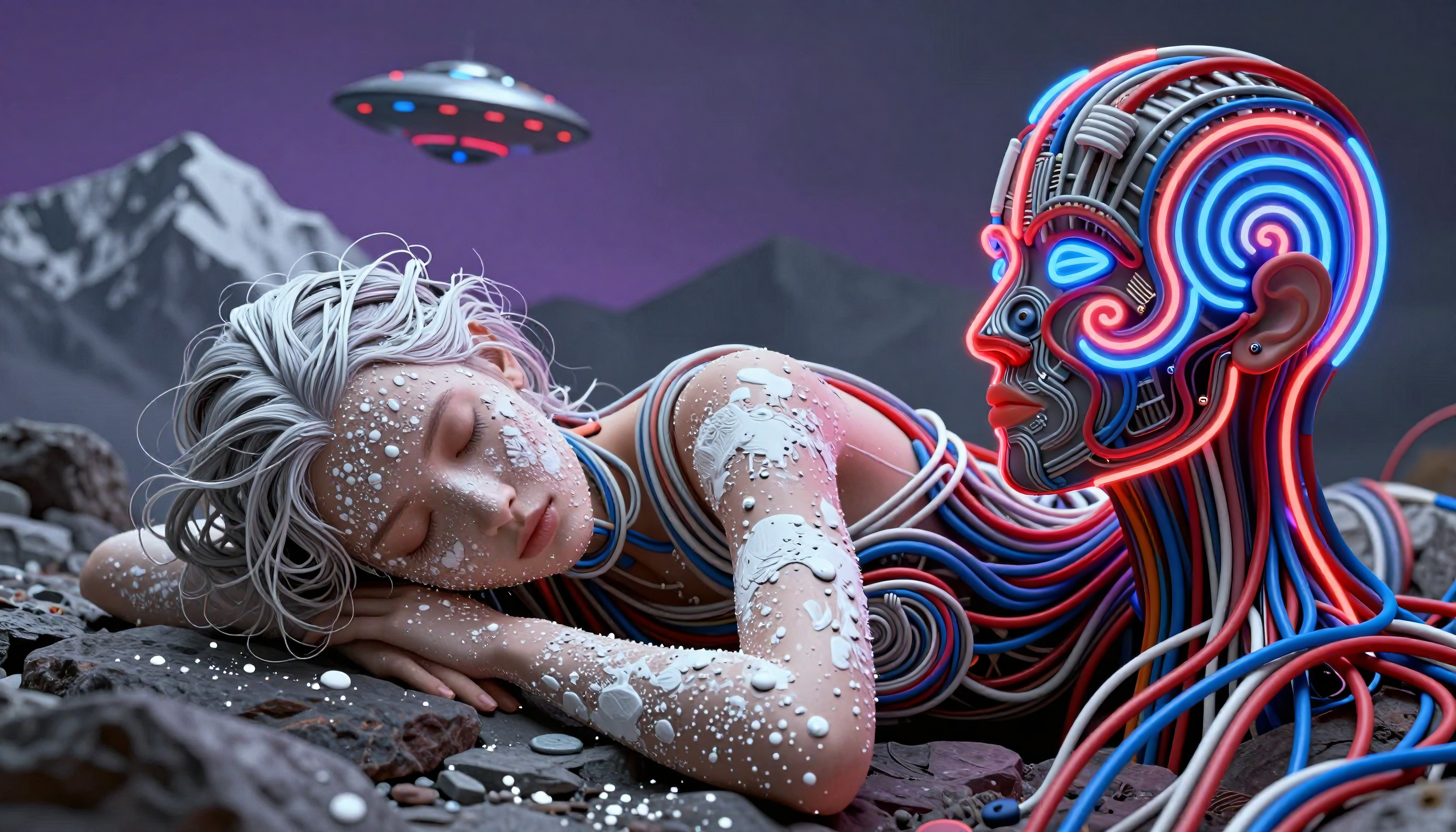Futuristic humanoid meets glowing robotic head beneath hovering UFO against snowy peaks