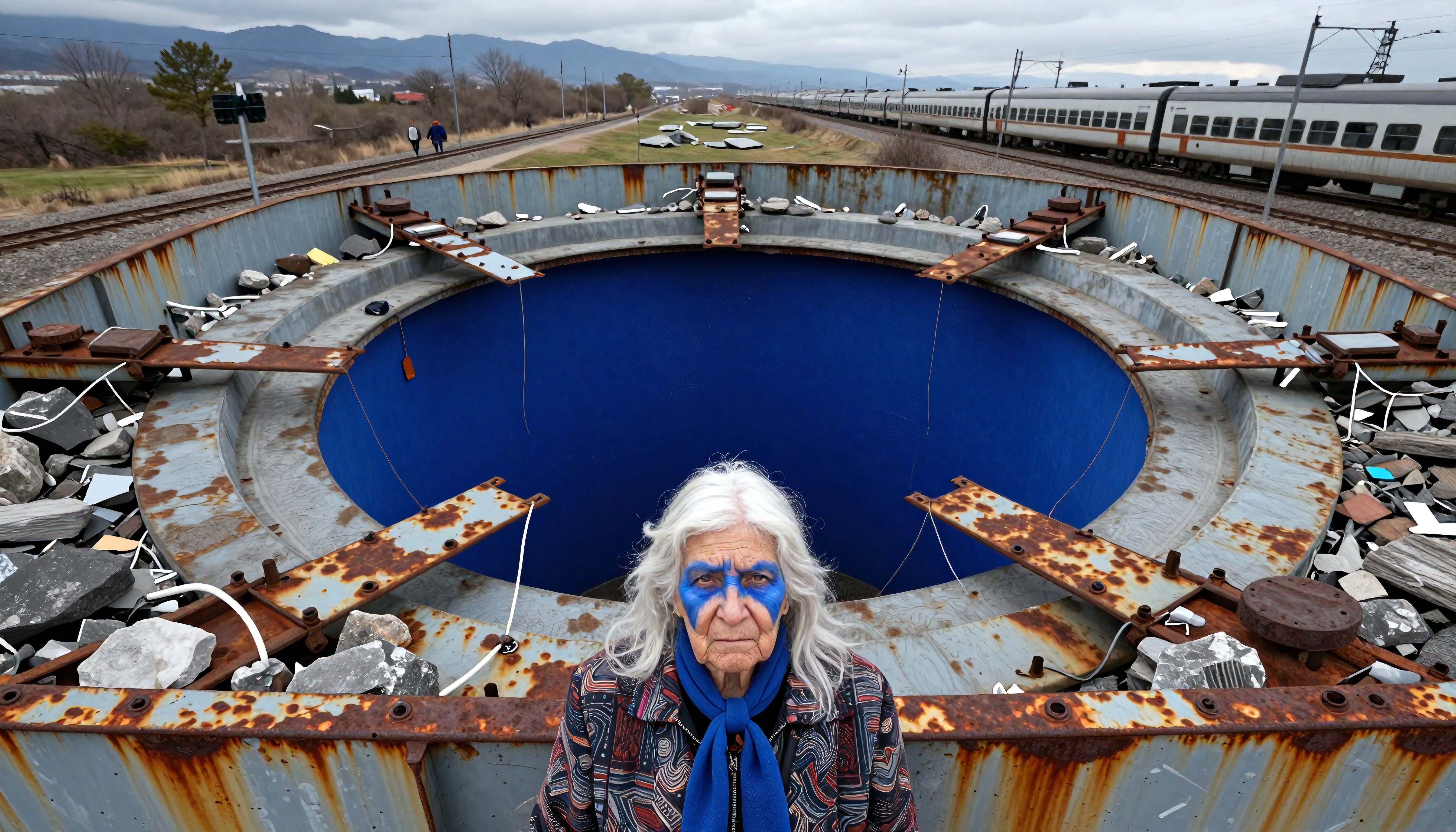 A person with blue face paint stands by a circular metal structure near train tracks.