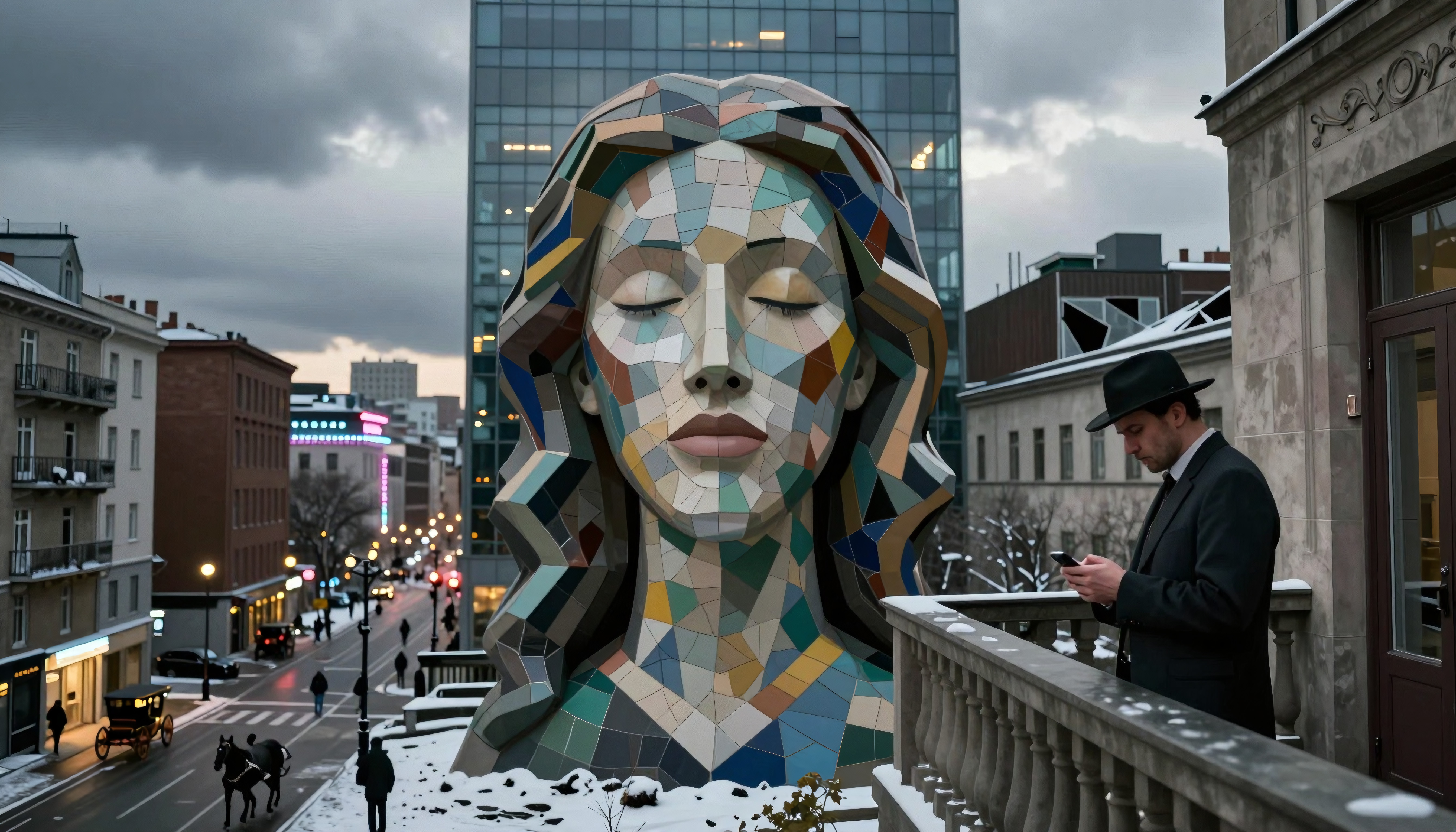 Urban winter scene with large mosaic sculpture of woman's face a