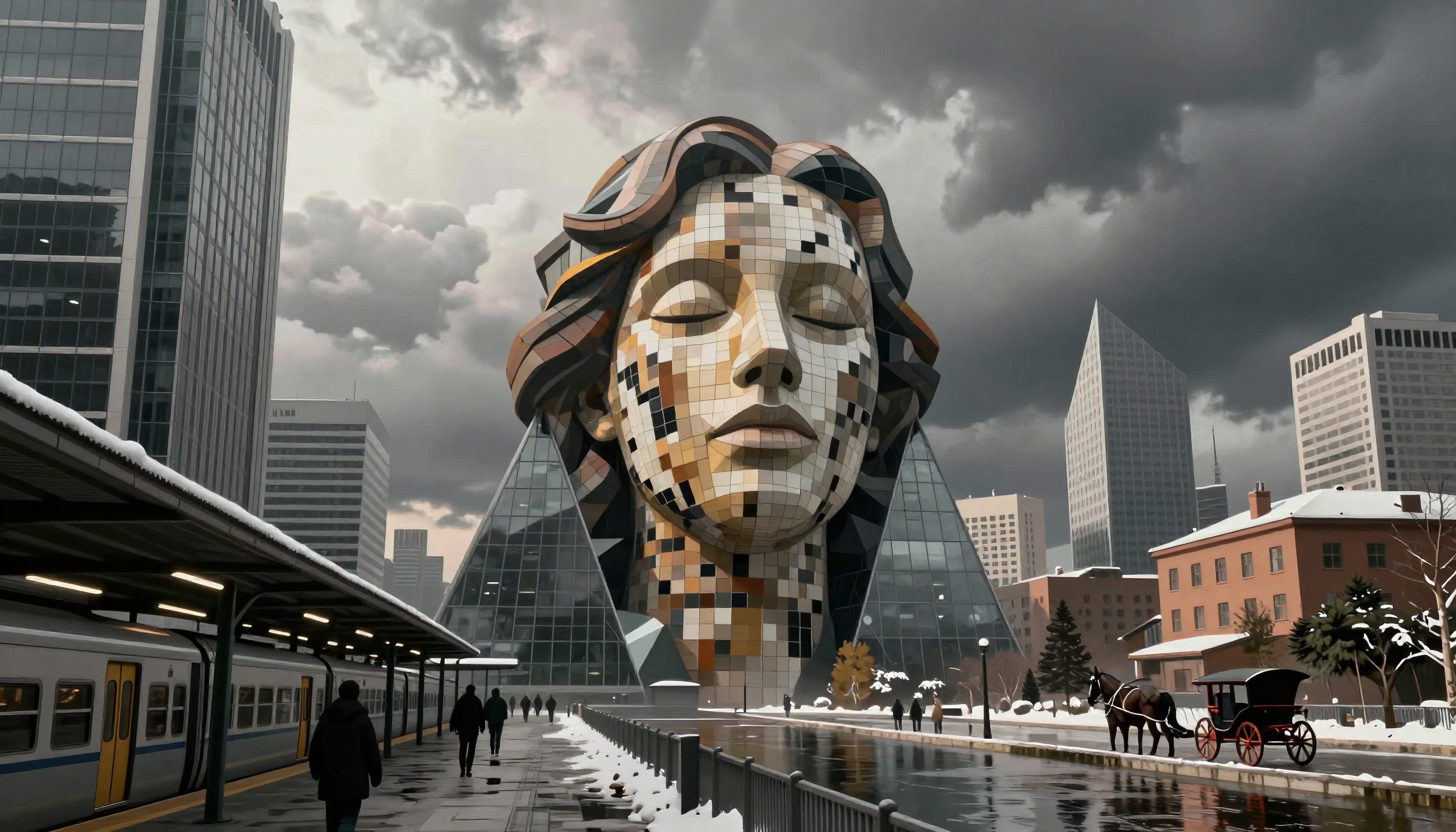 Futuristic Cityscape with Colossal Mosaic Head Sculpture Under D