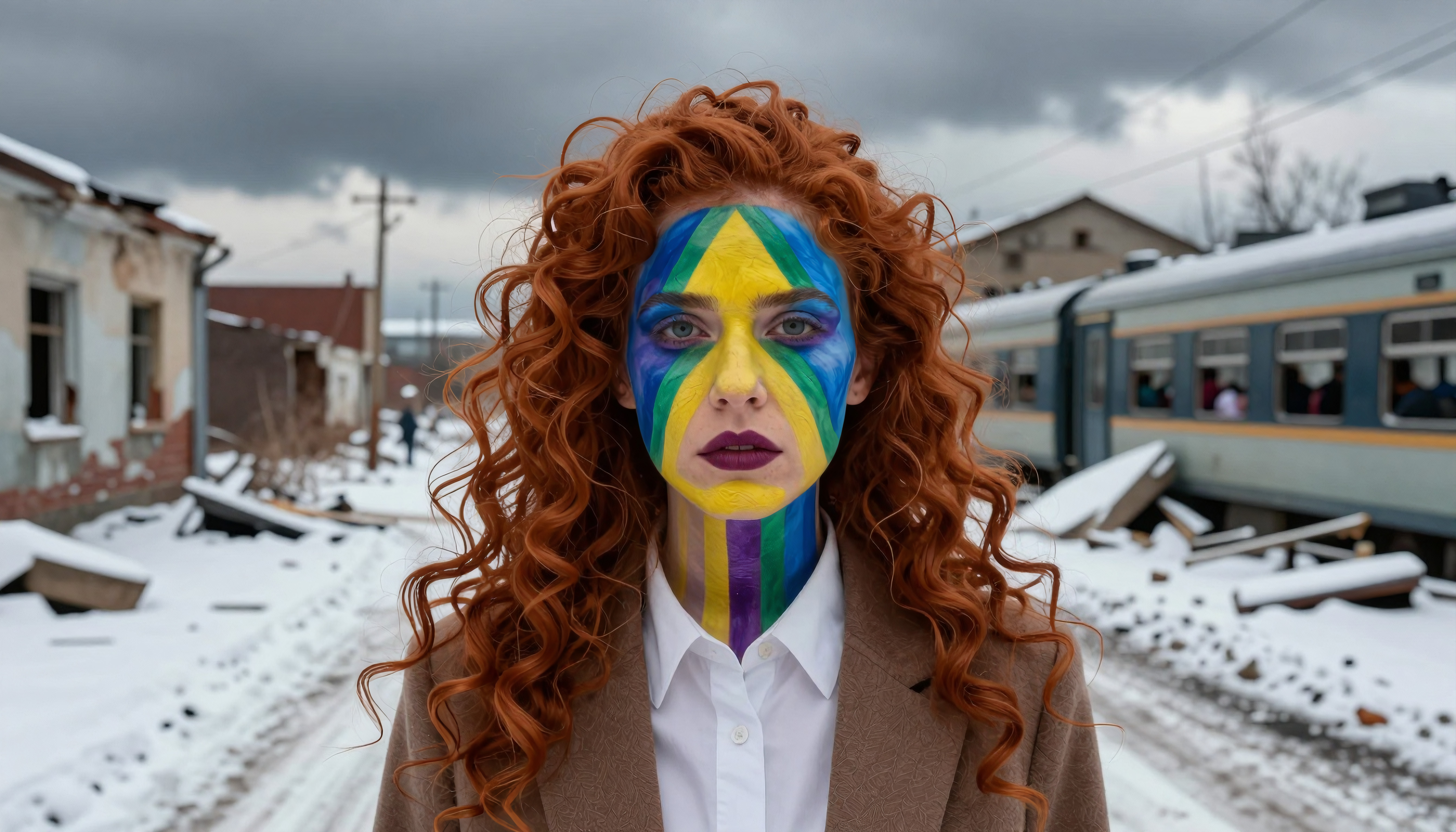 Woman with colorful face paint stands in snowy ruined train yard wearing beige coat over white shirt