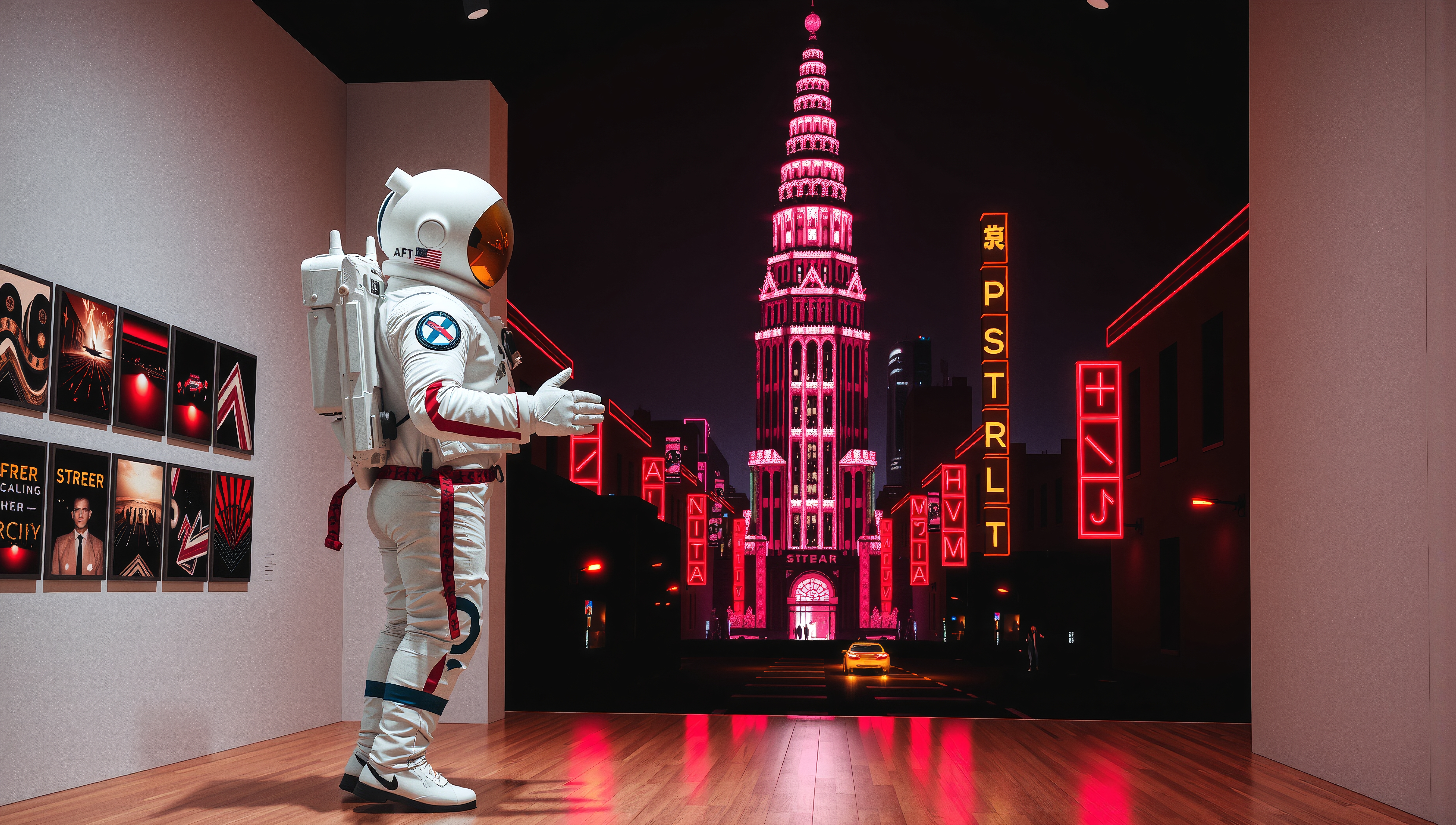 Astronaut in Modern Art Gallery with Neon Cityscape Mural