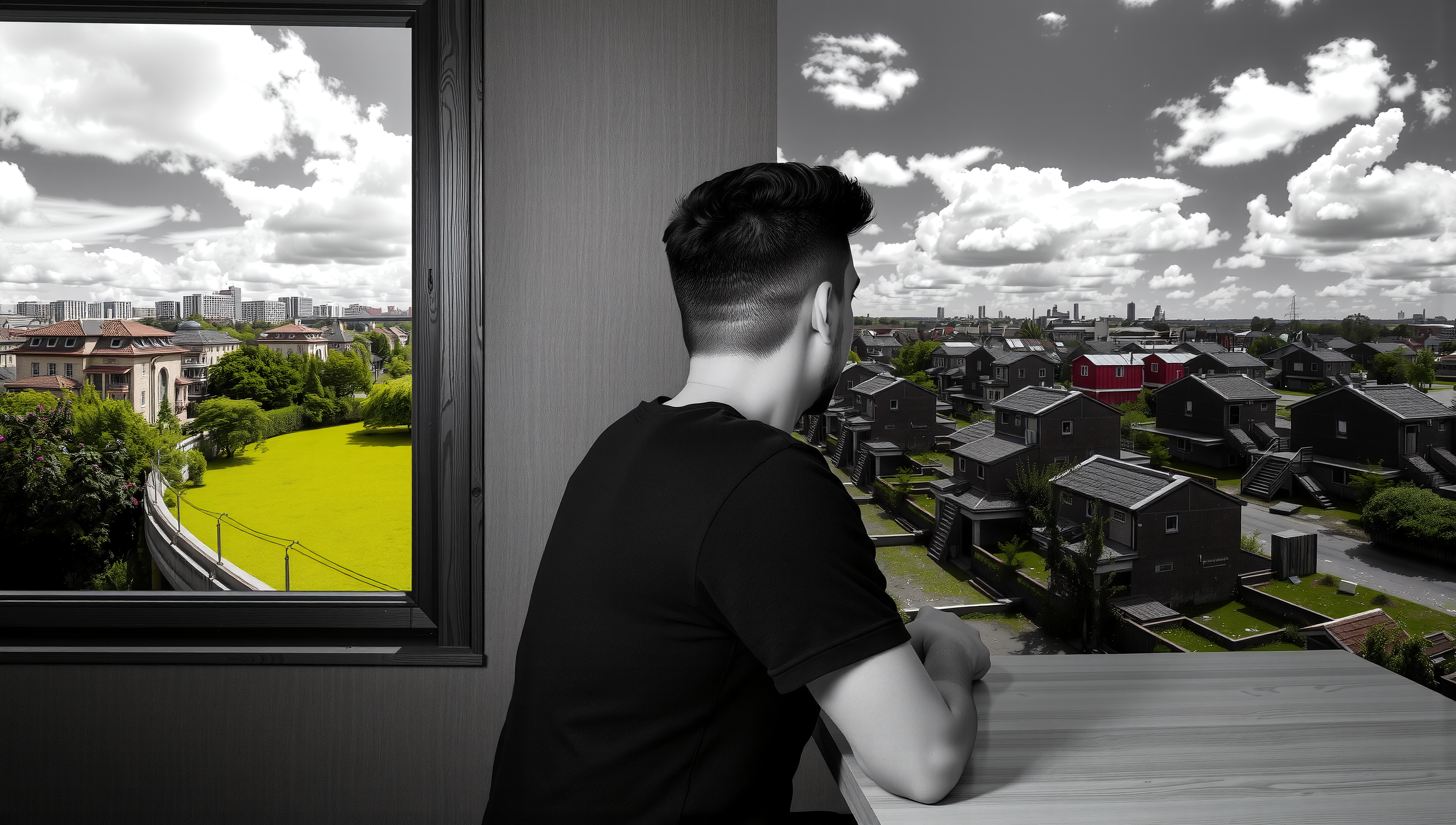 Man looking out through window at contrasting vibrant and monochrome cityscape with red and green highlights.