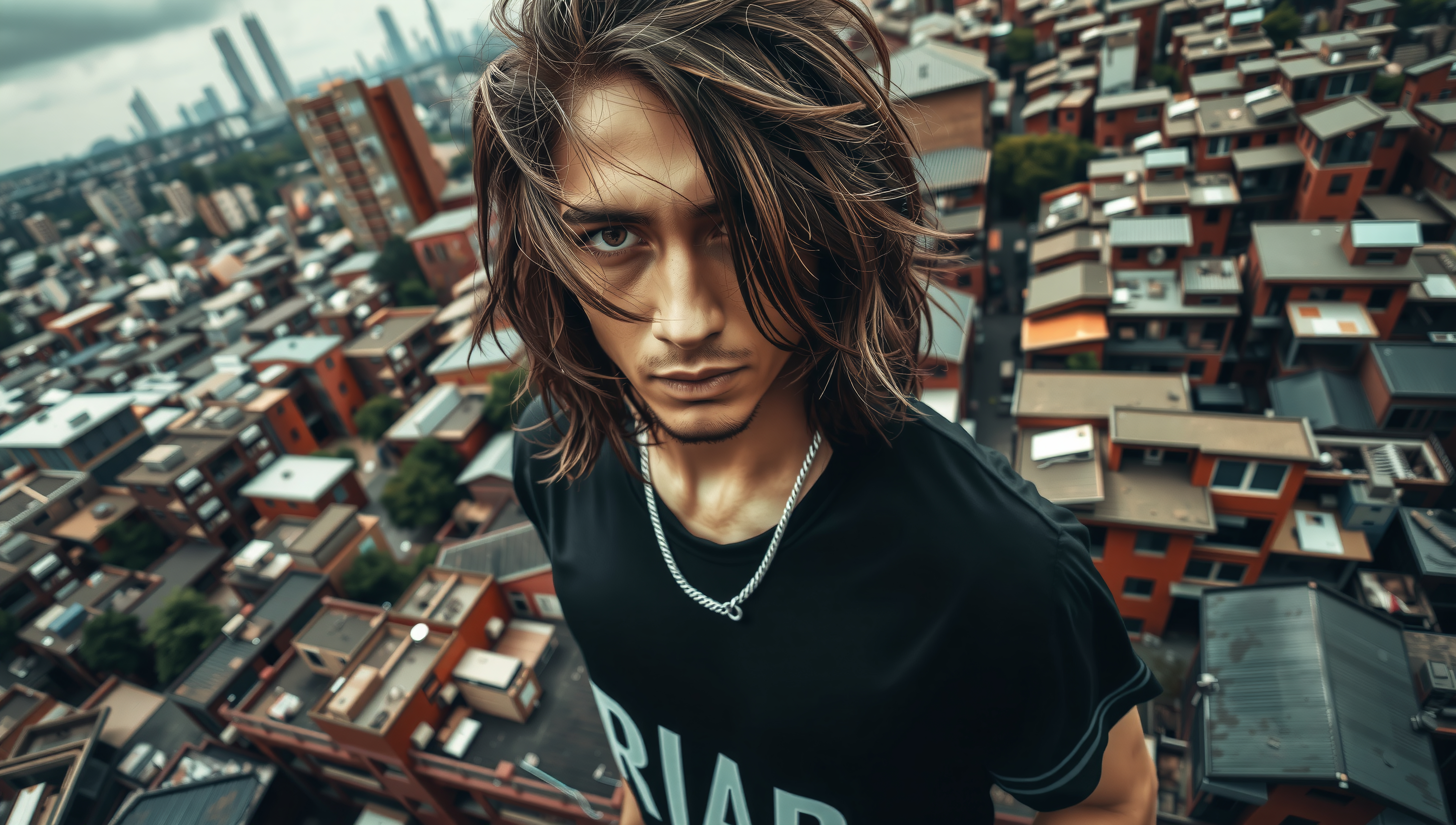 Young man on rooftop gazing down at dense urban cityscape wearing trendy streetwear