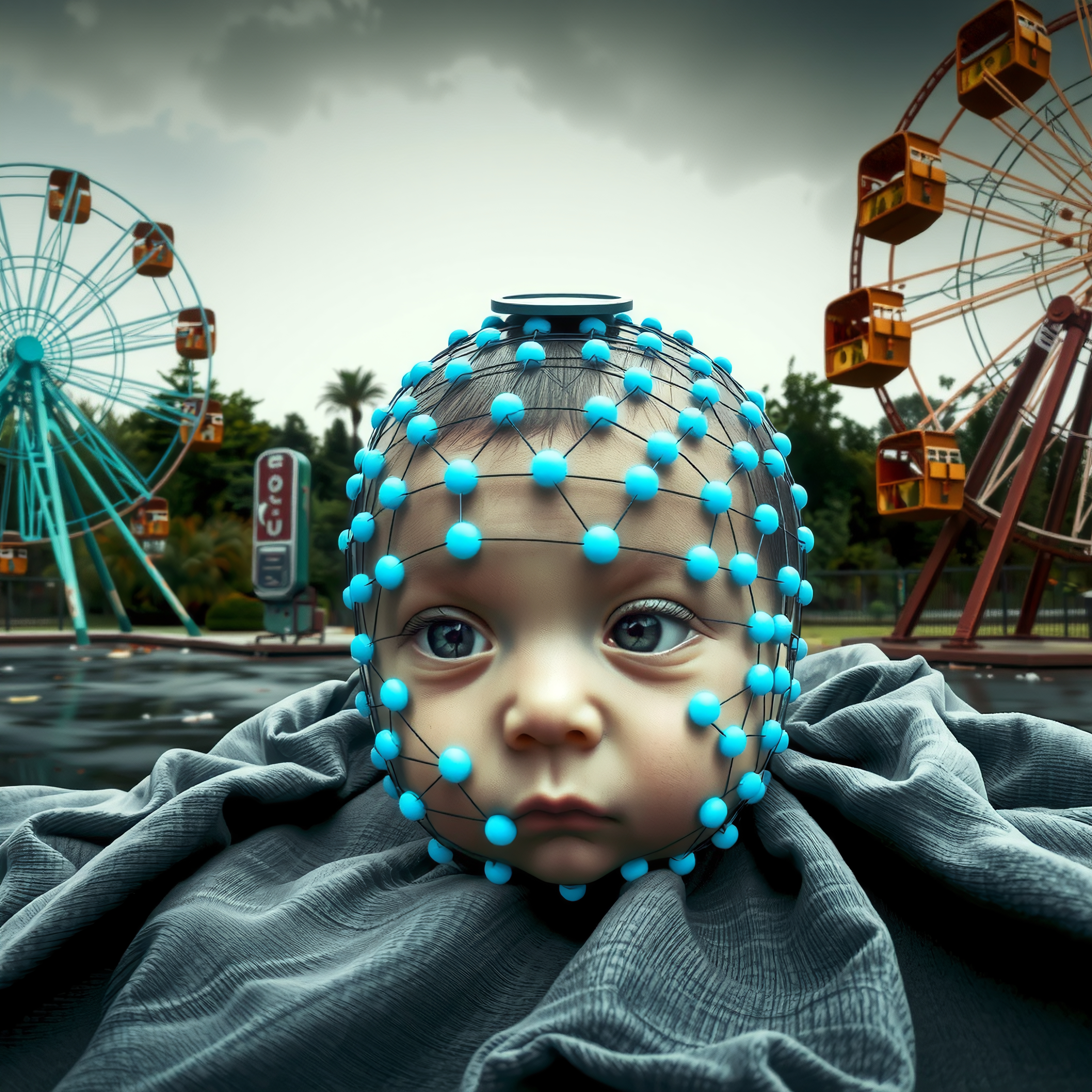 Baby Concept Art with Head Circuitry Overlooking Carnival Fairgr