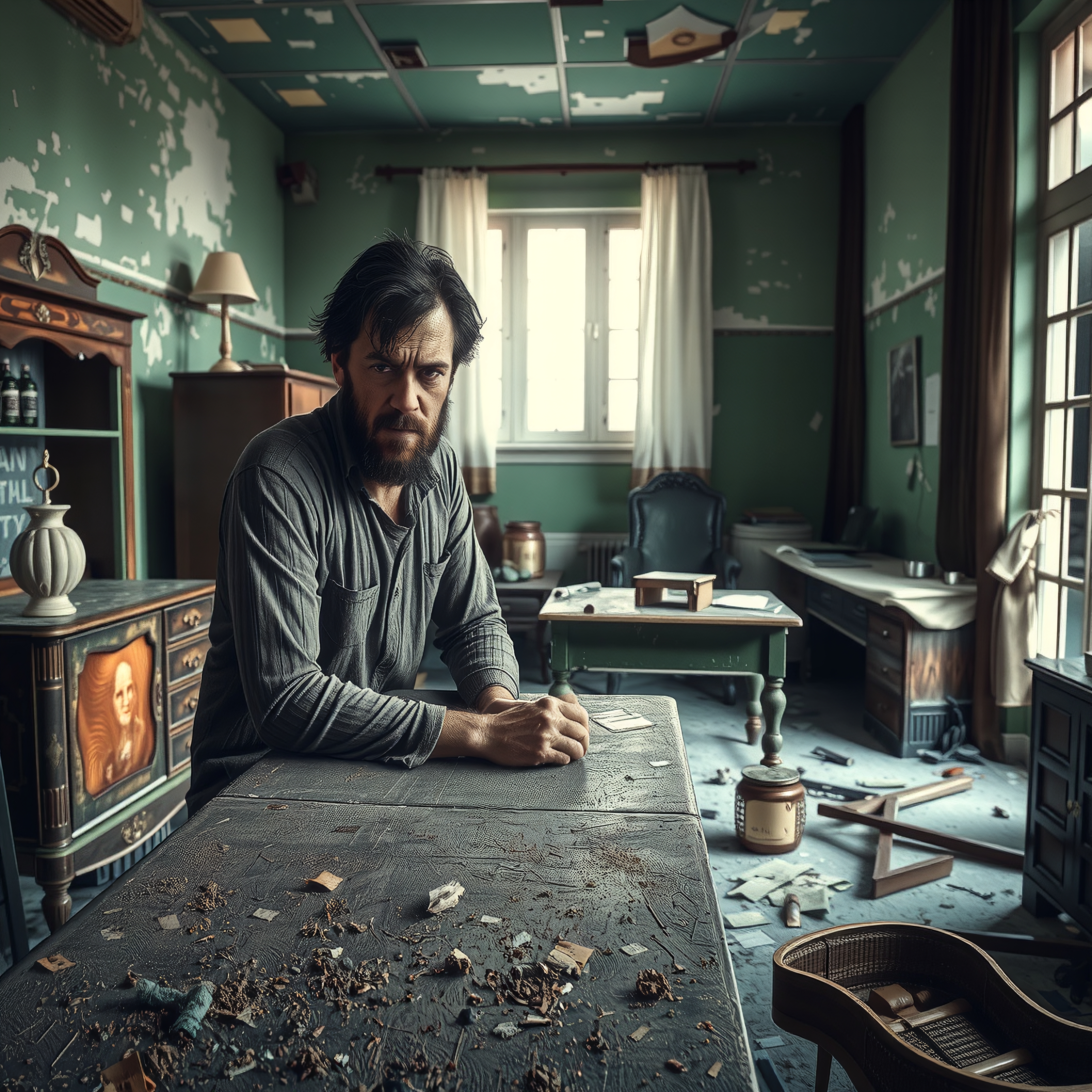 A man with a contemplative expression sits in a dusty, disorganized room.