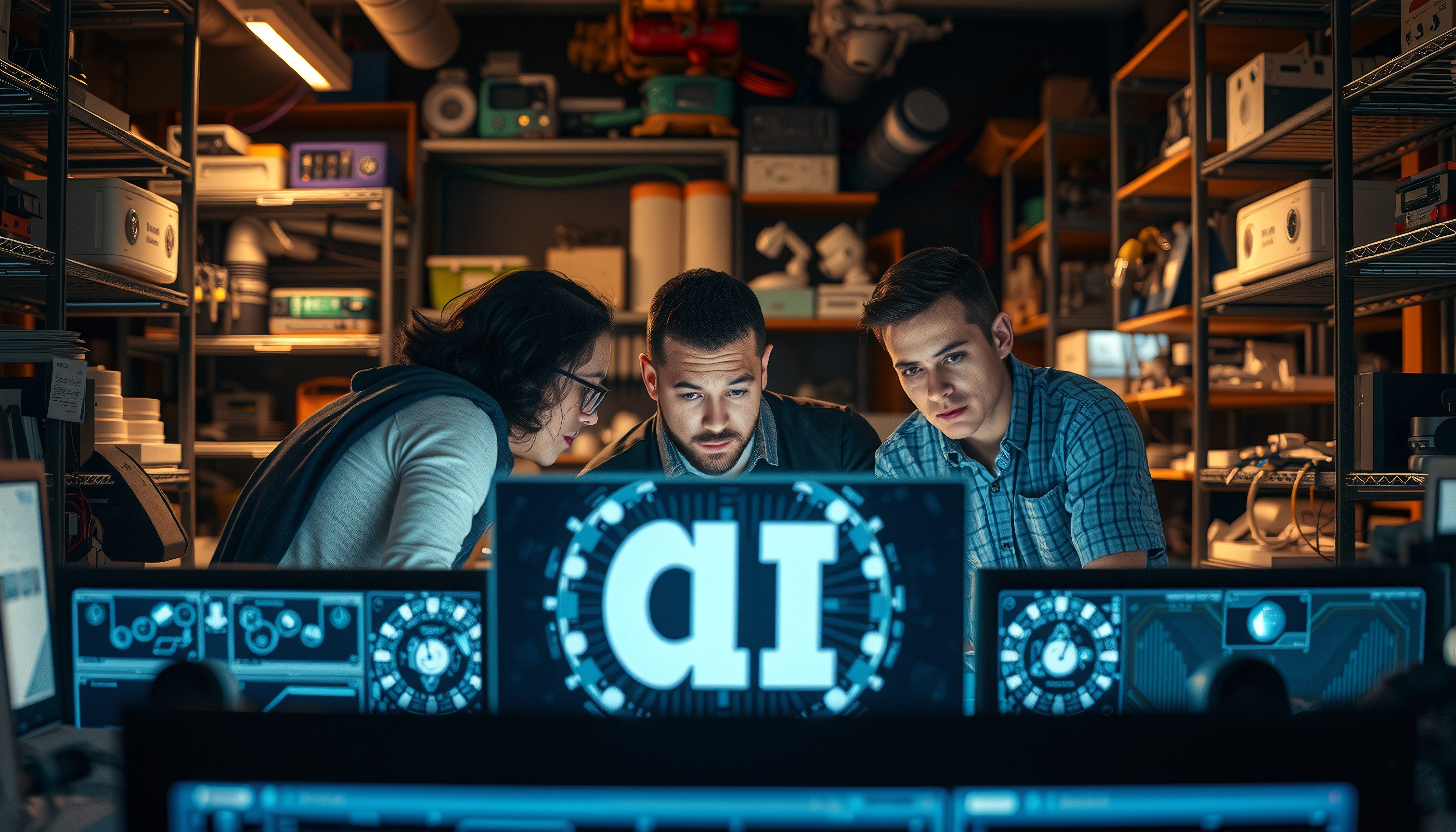 Three people examining AI diagrams.