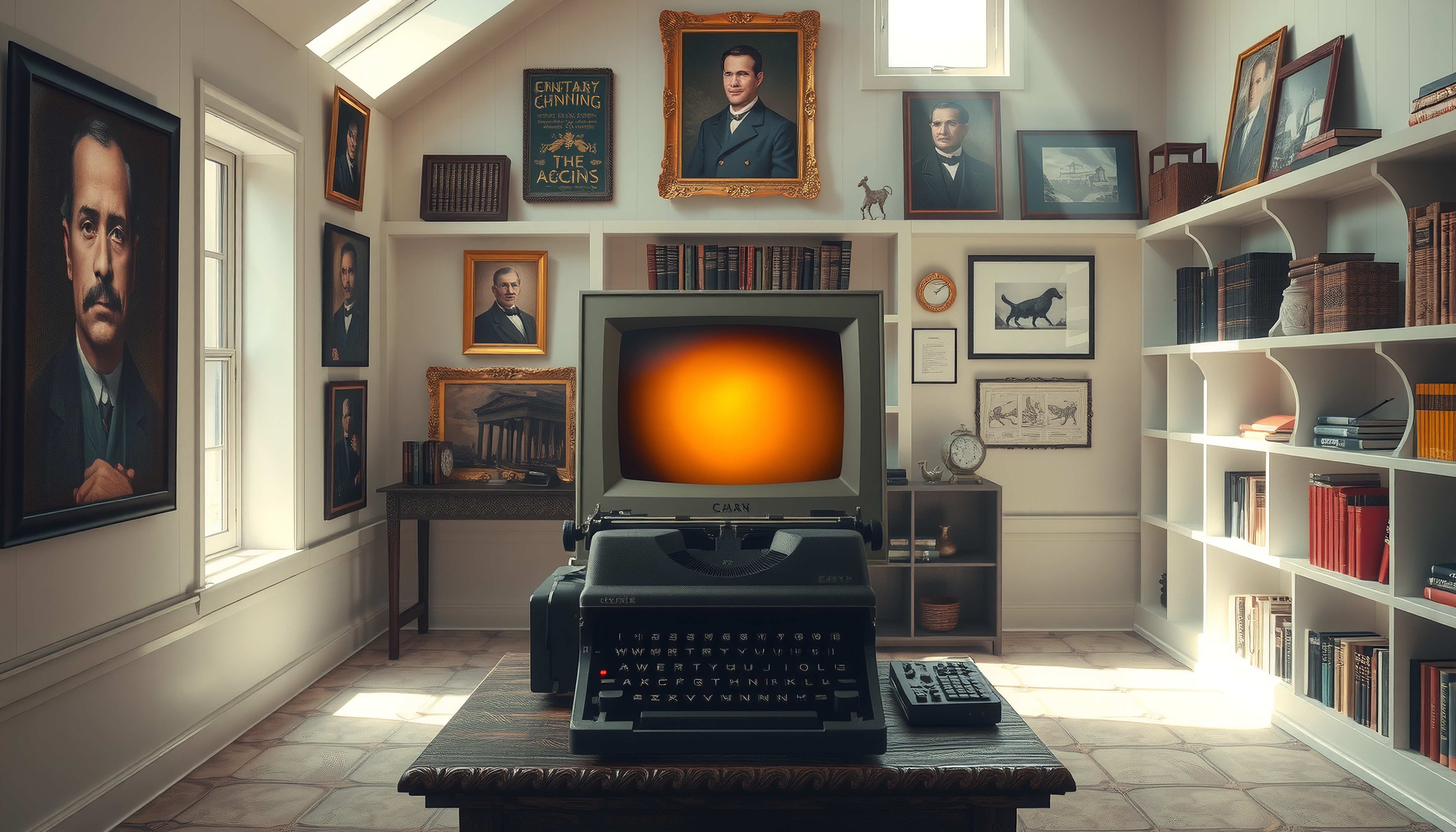 Vintage study room with typewriter, portraits, bookshelf, and retro monitor.