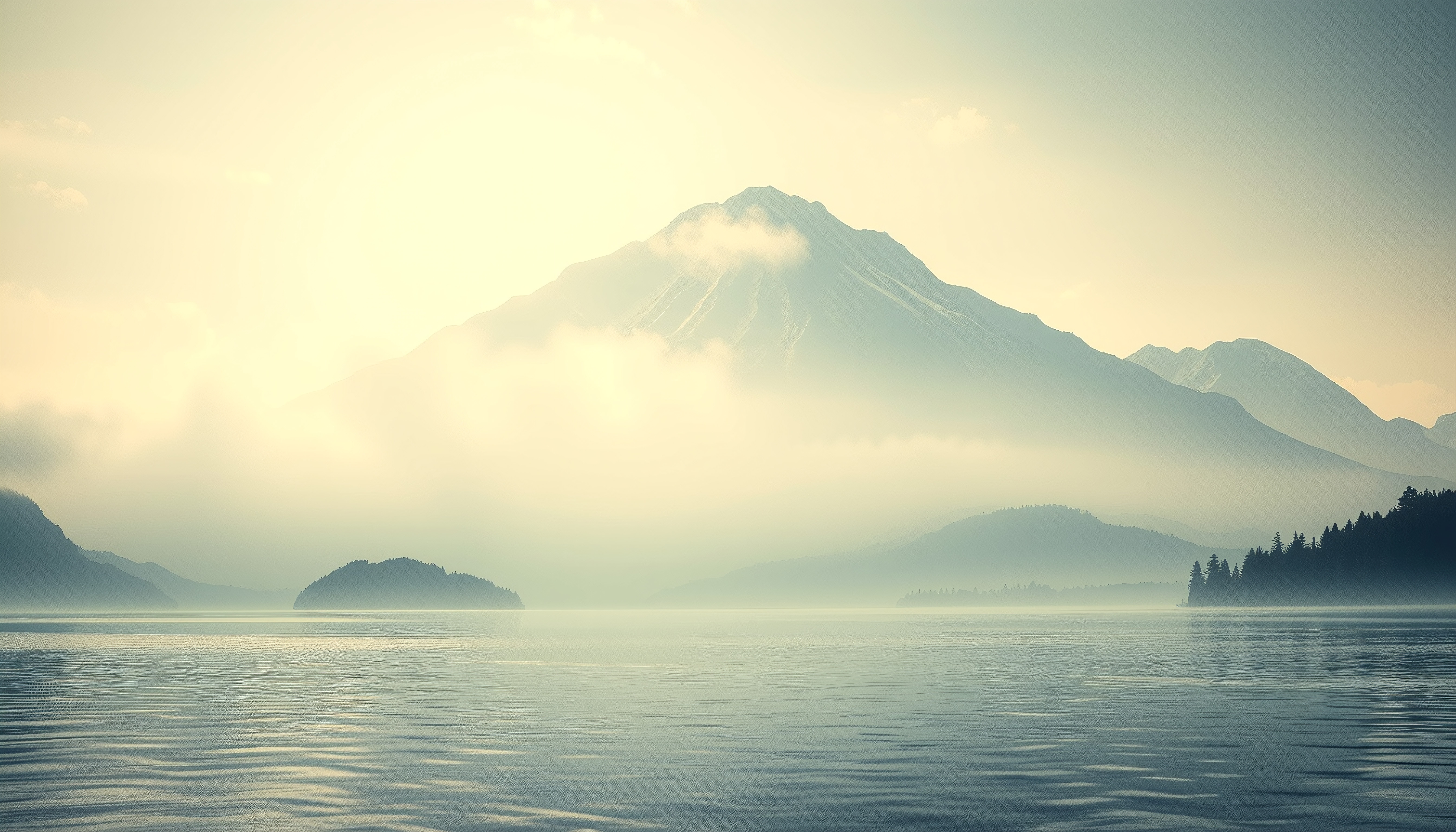 Tranquil mountain scene with misty lake.