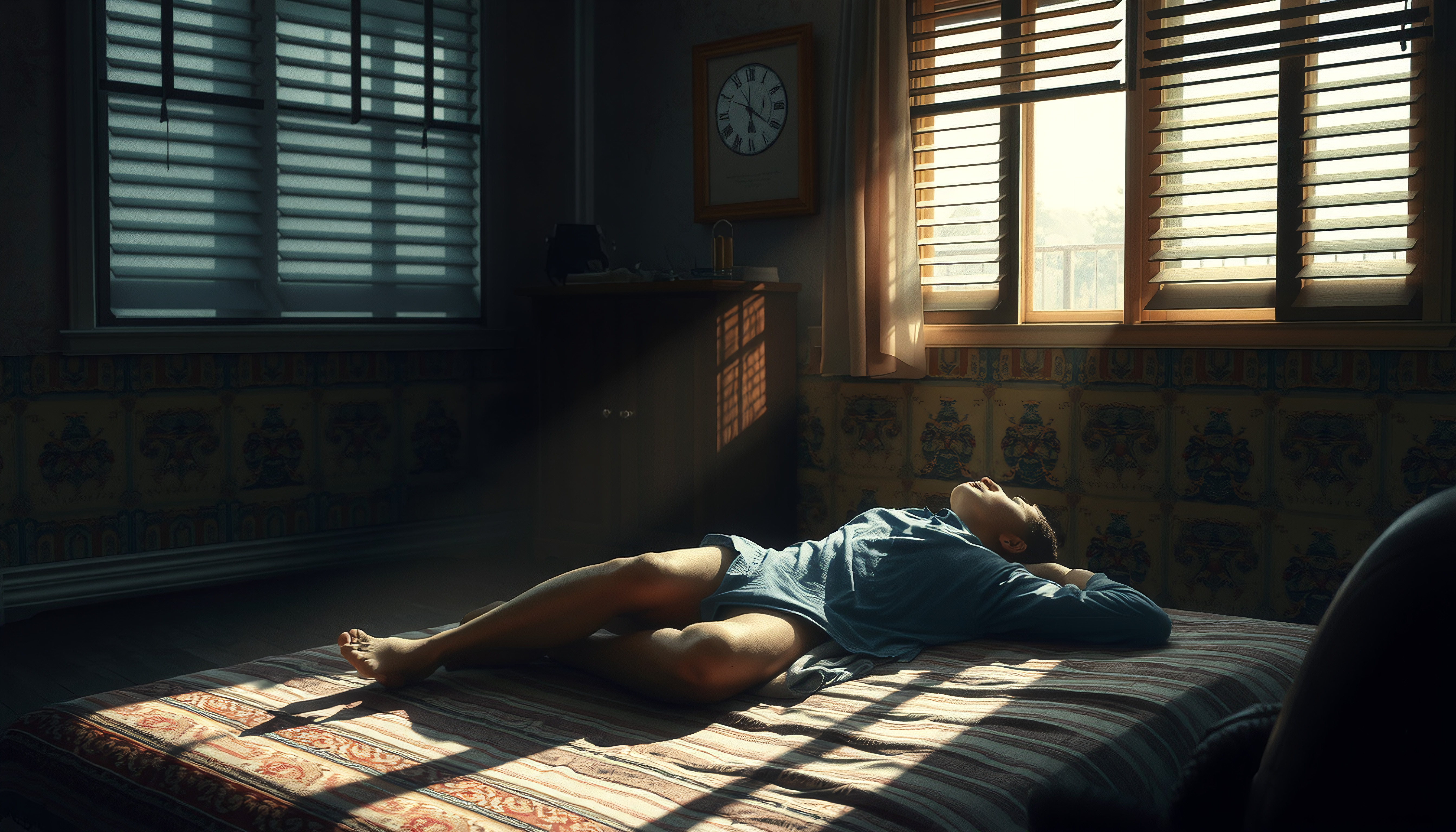 Person resting on bed by sunlit windows, capturing a moment of r