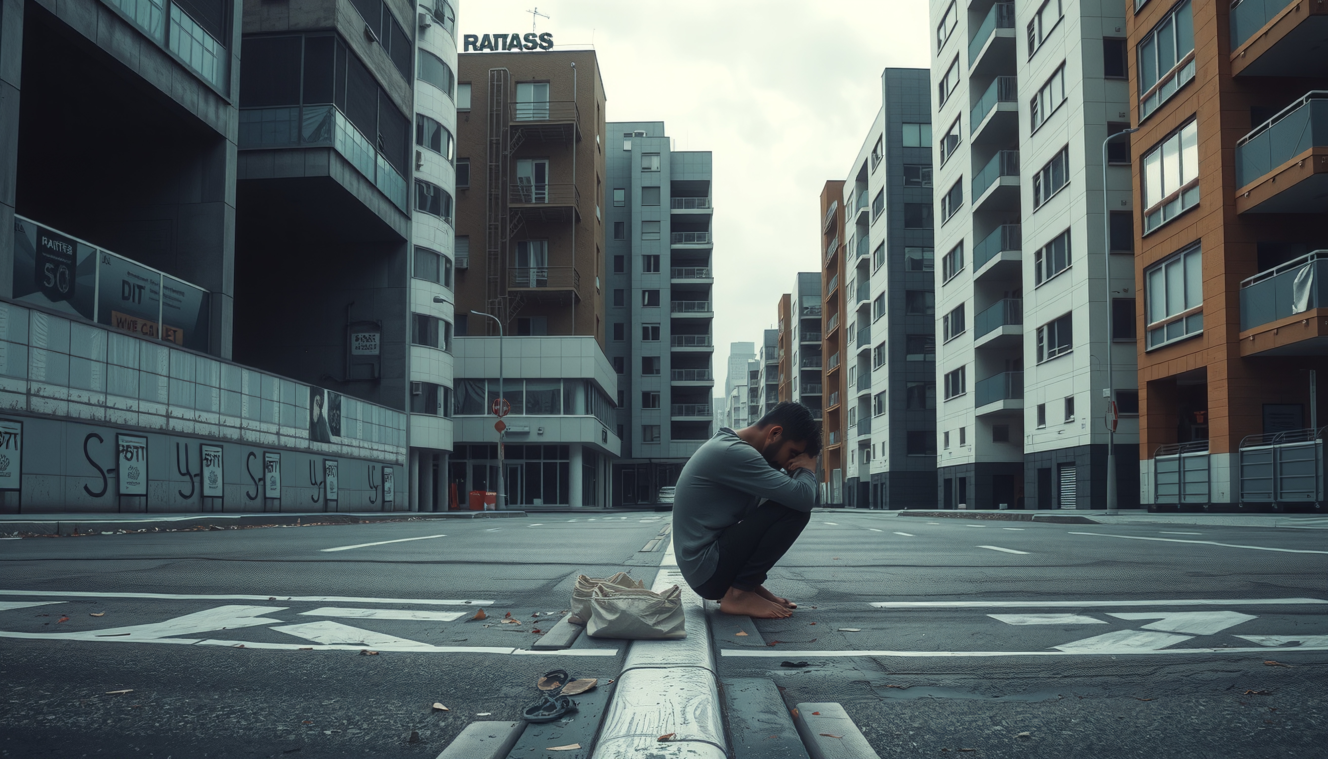 A lone man sits in desolate city street, surrounded by modern buildings, emphasizing solitude.