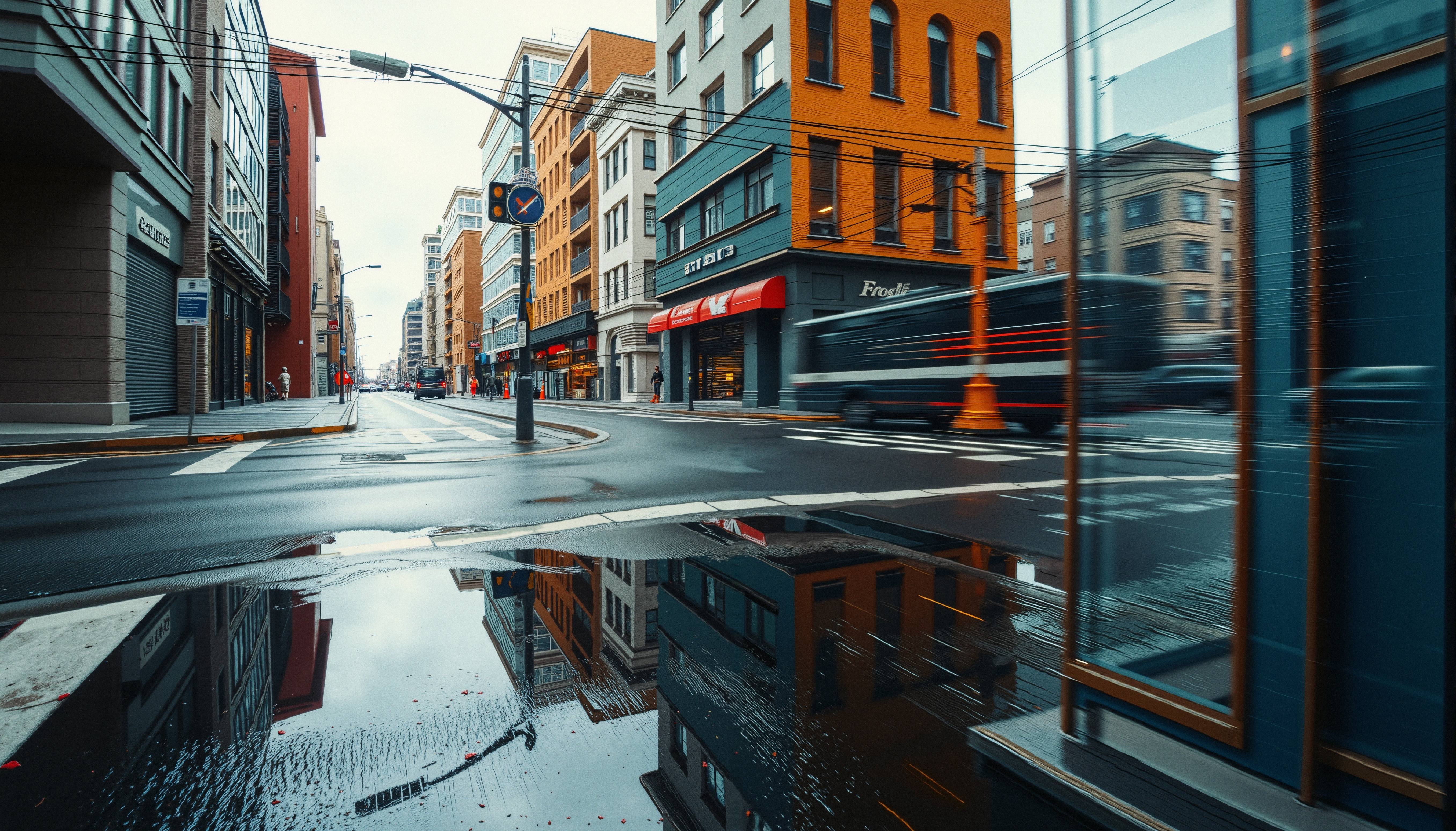 A vibrant city street with buildings reflecting in a puddle on a rainy day.