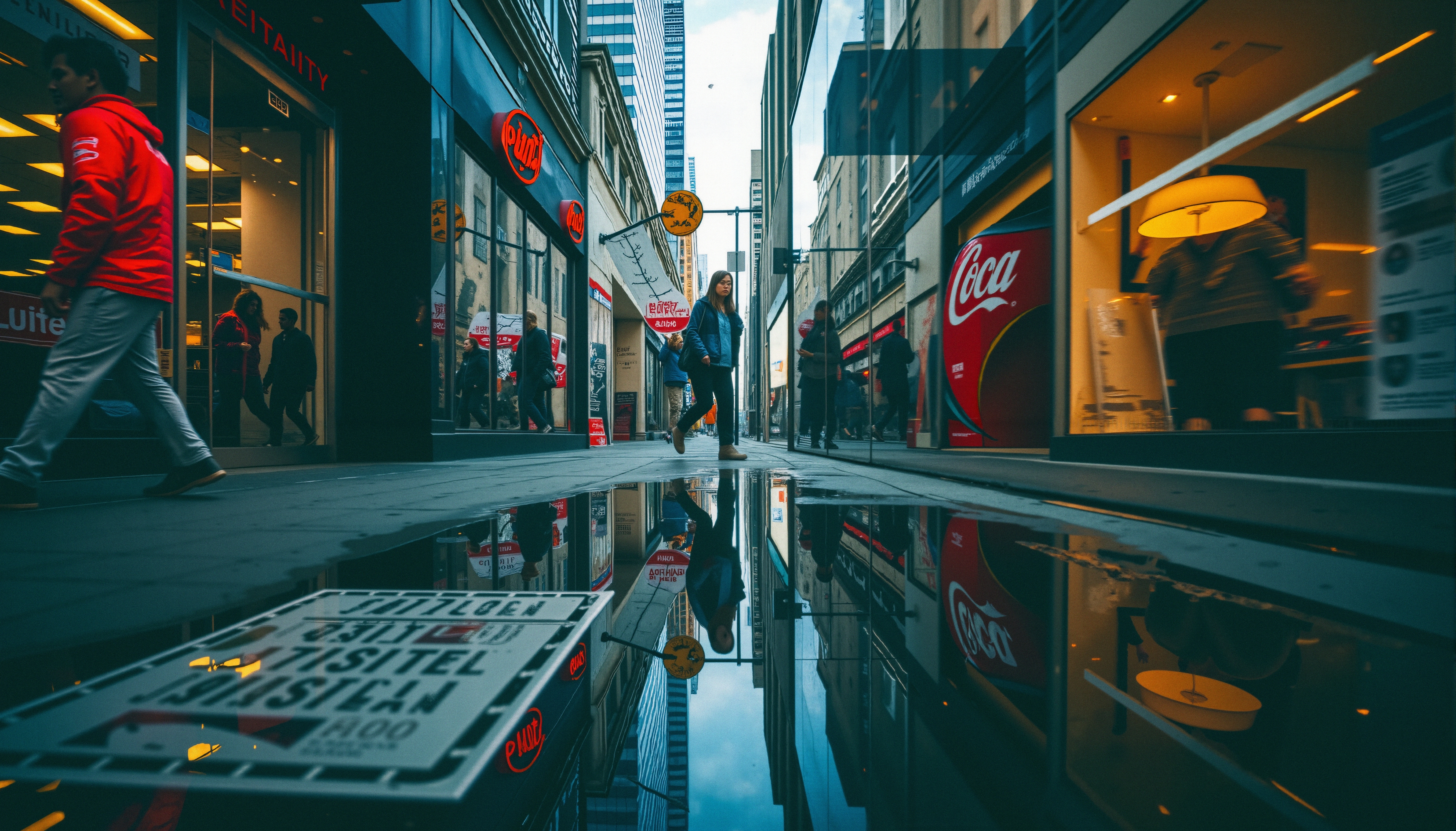 Busy city street with people, shops, and reflections in a puddle.