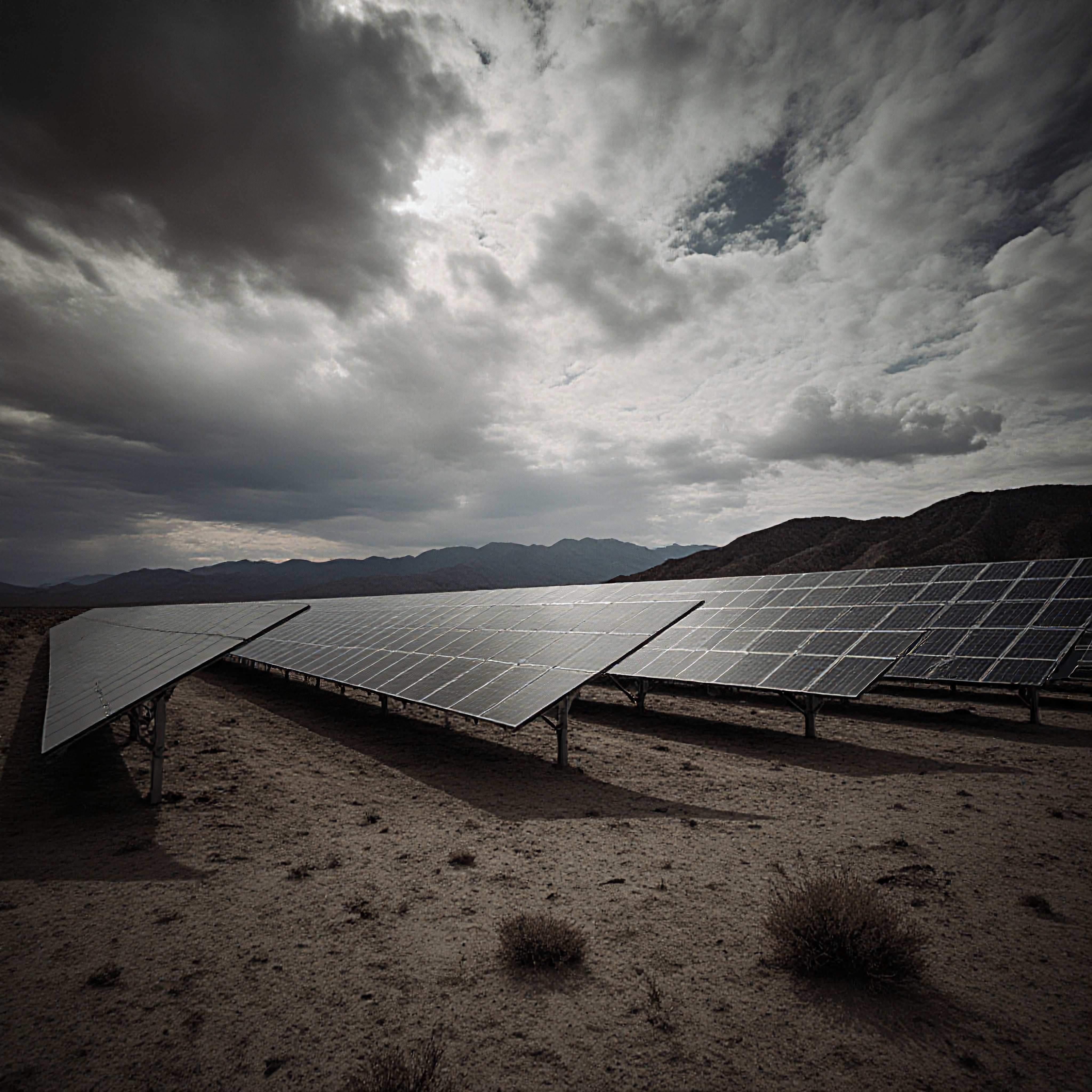 Solar panels in arid desert under overcast sky.