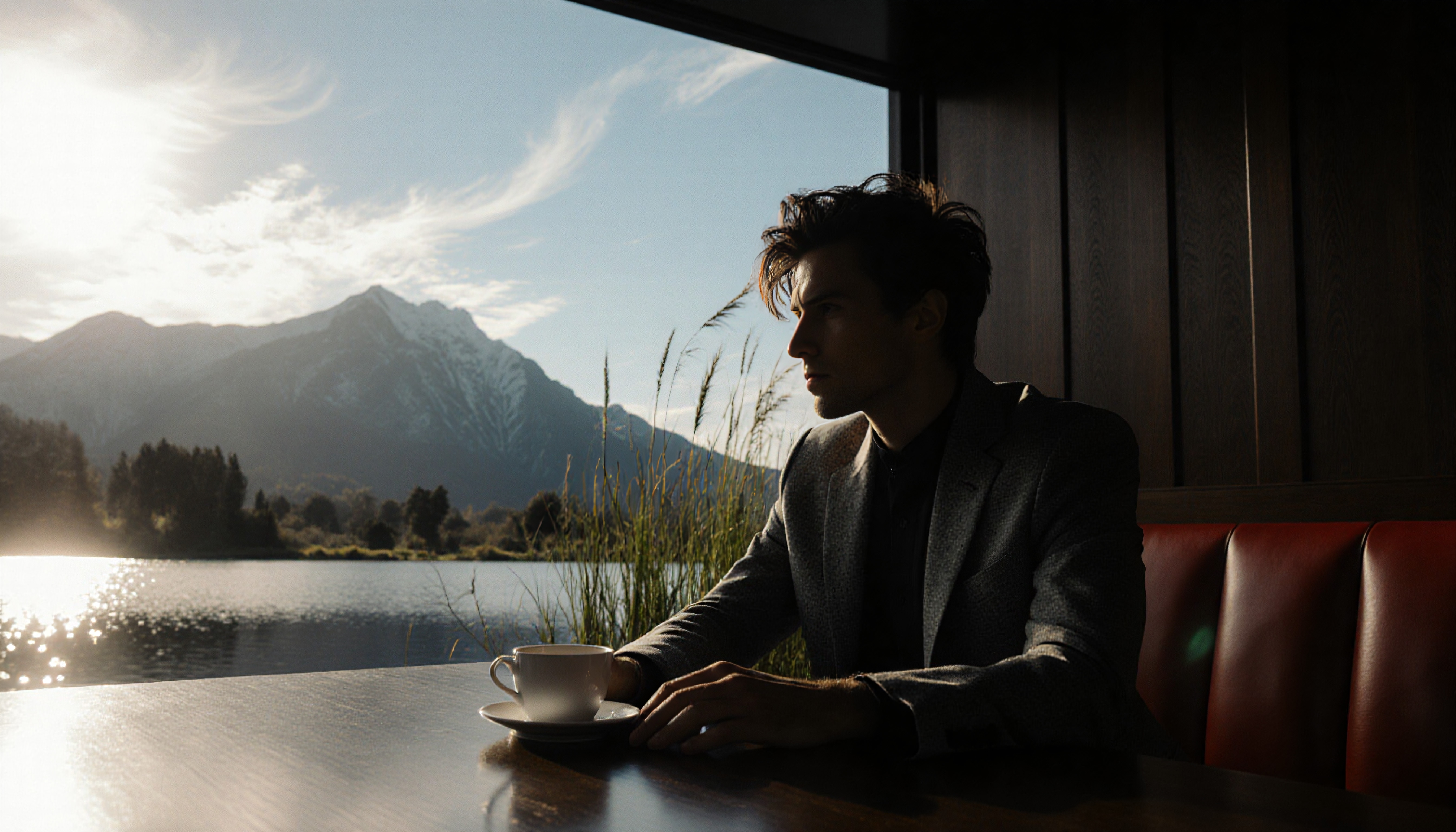 A man in a suit gazes out at a tranquil mountain lake through a large window, holding a coffee cup.