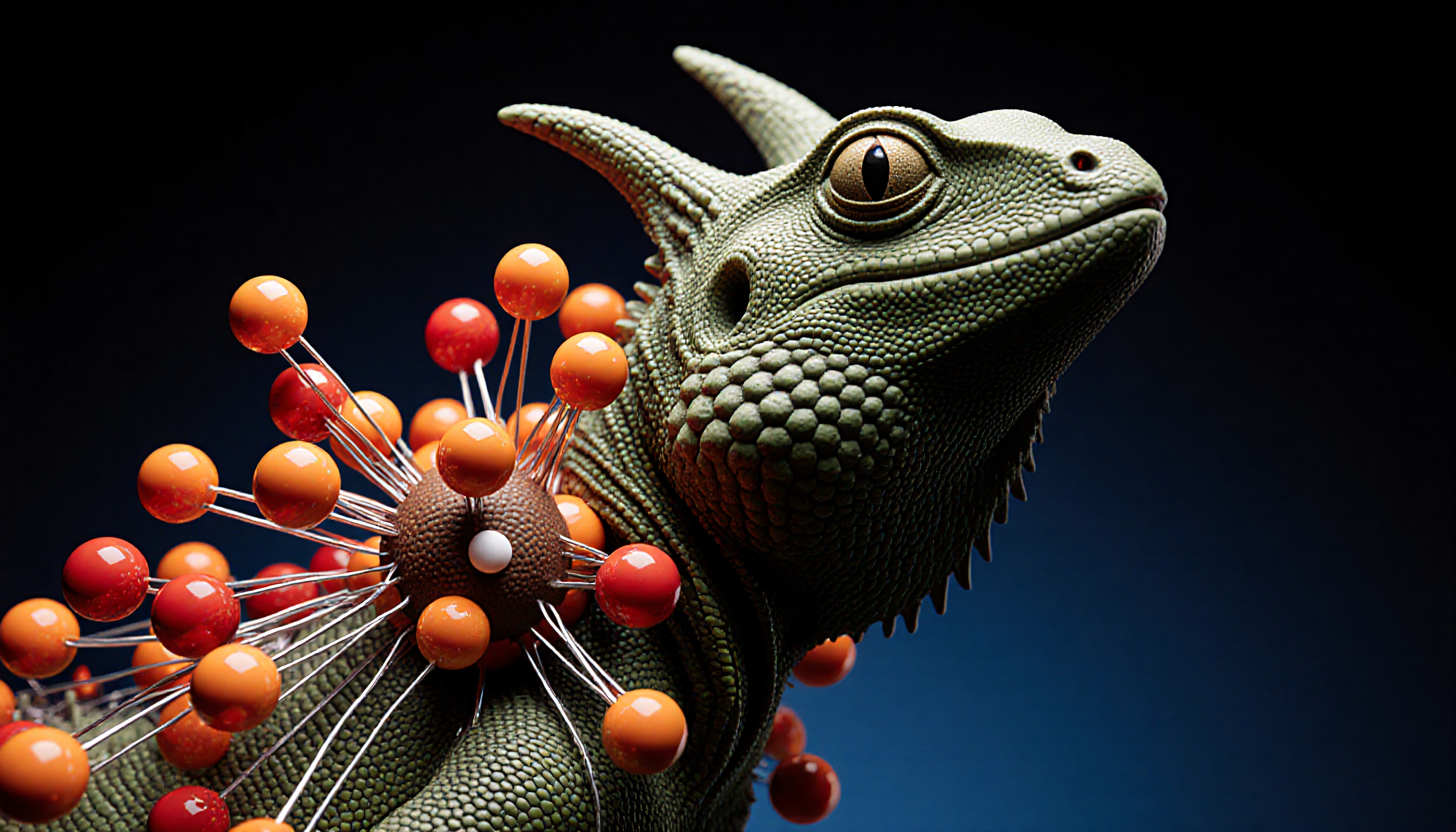 A green lizard adorned with shiny, wired spheres.
