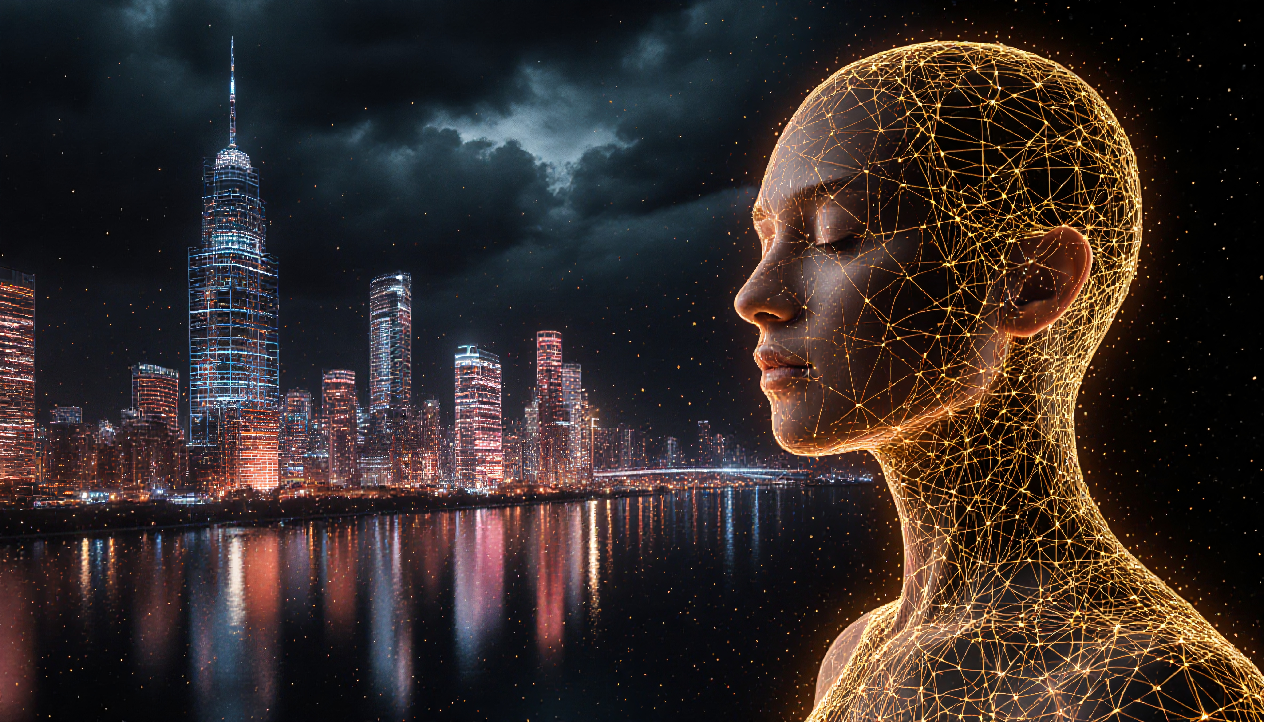 Futuristic digital human with illuminated city background.