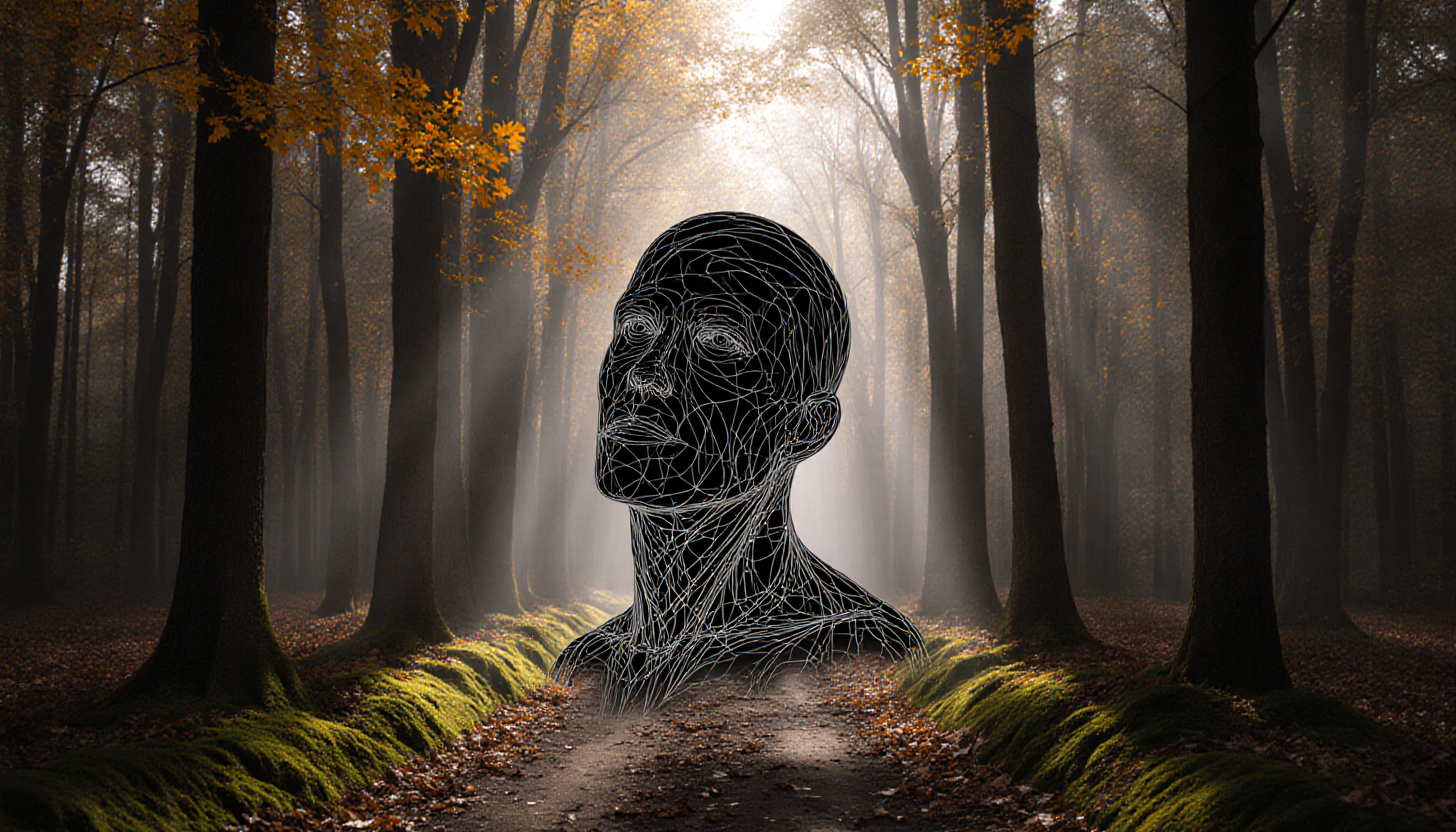 An abstract wireframe sculpture of a human head stands in a sunlit, misty forest with autumn leaves and a mossy path.