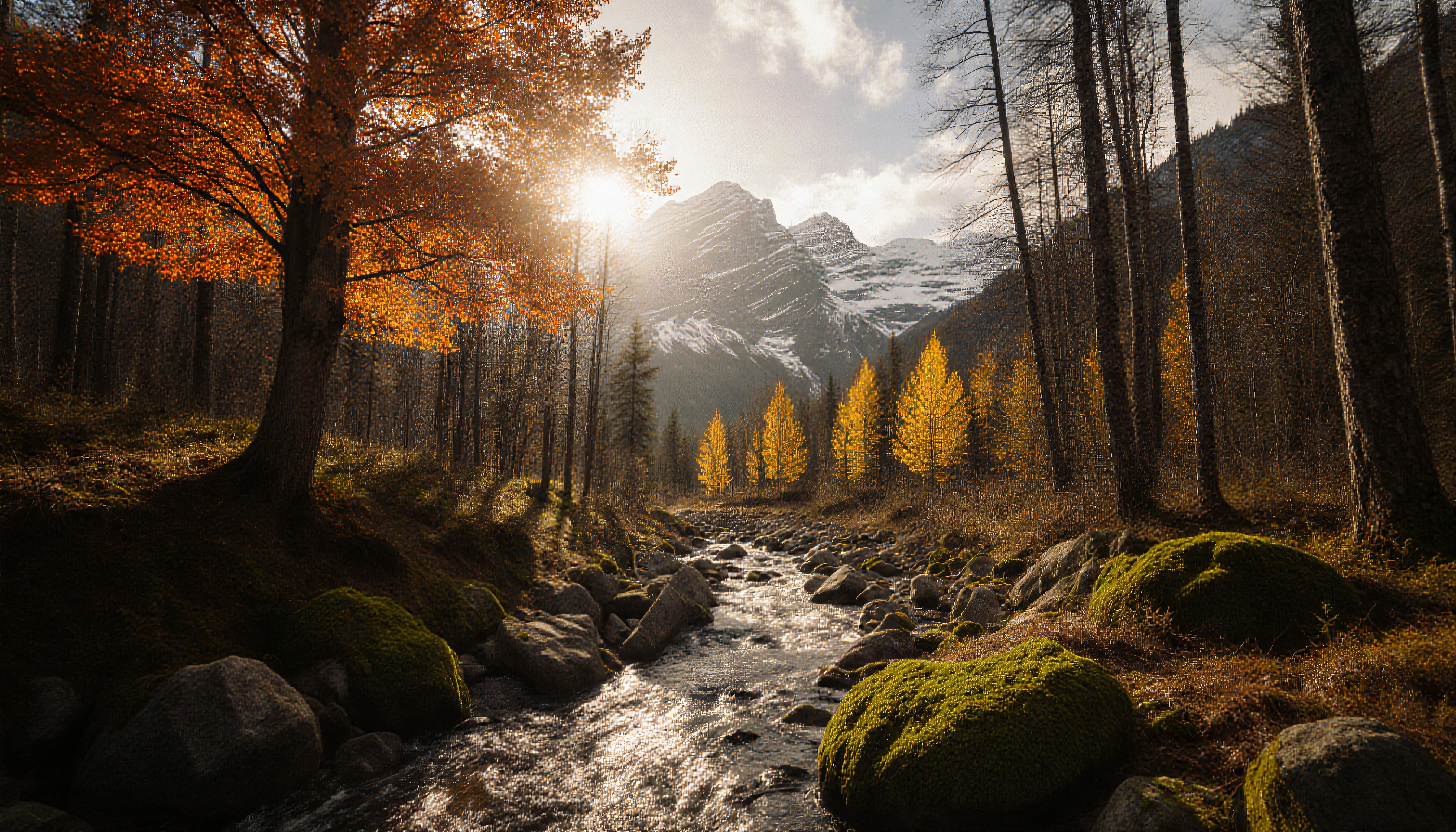 A picturesque autumn landscape with a stream flowing under sunlit trees and snowcapped mountains.