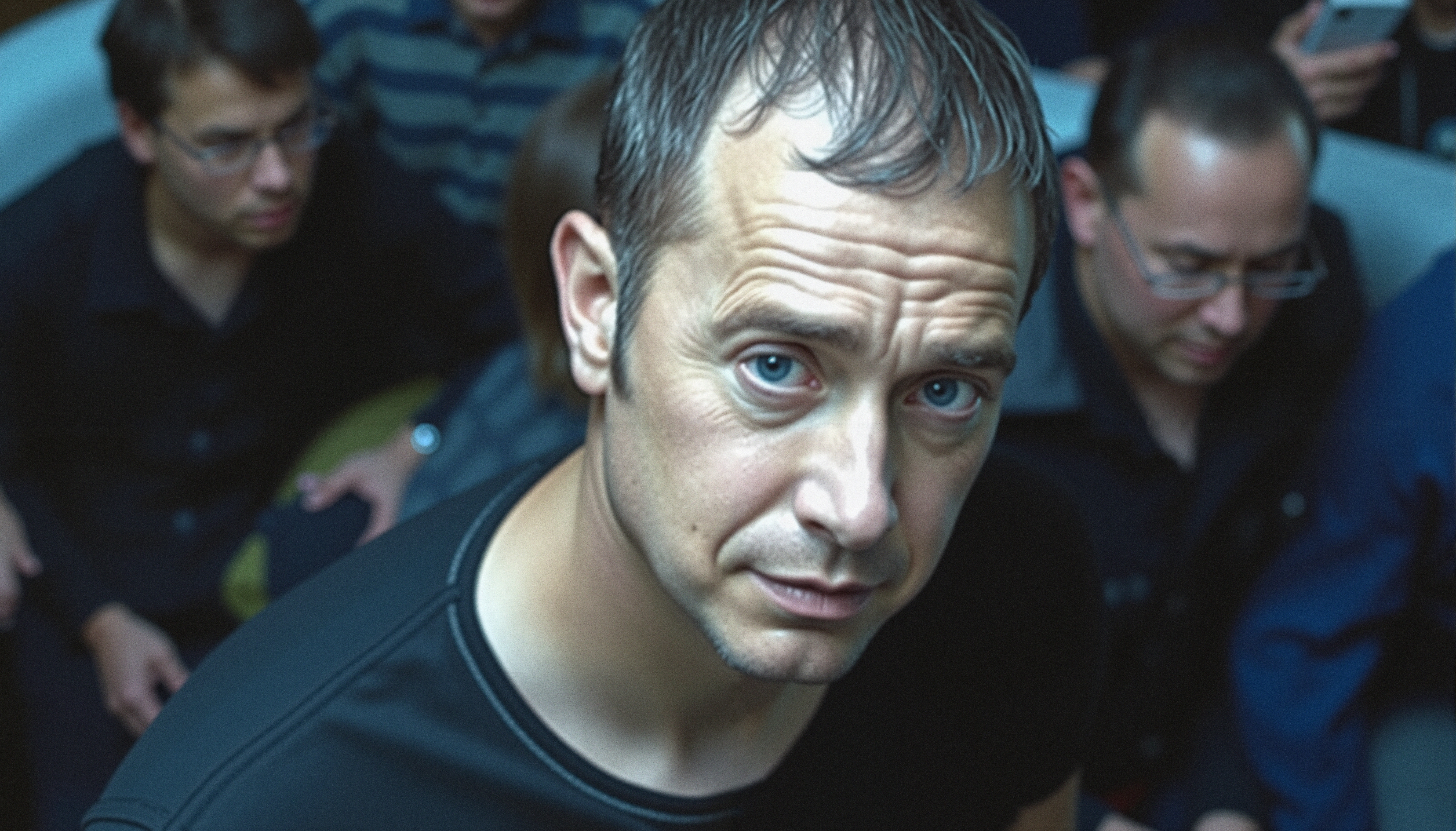 A man with blue eyes is the focal point in a group setting.