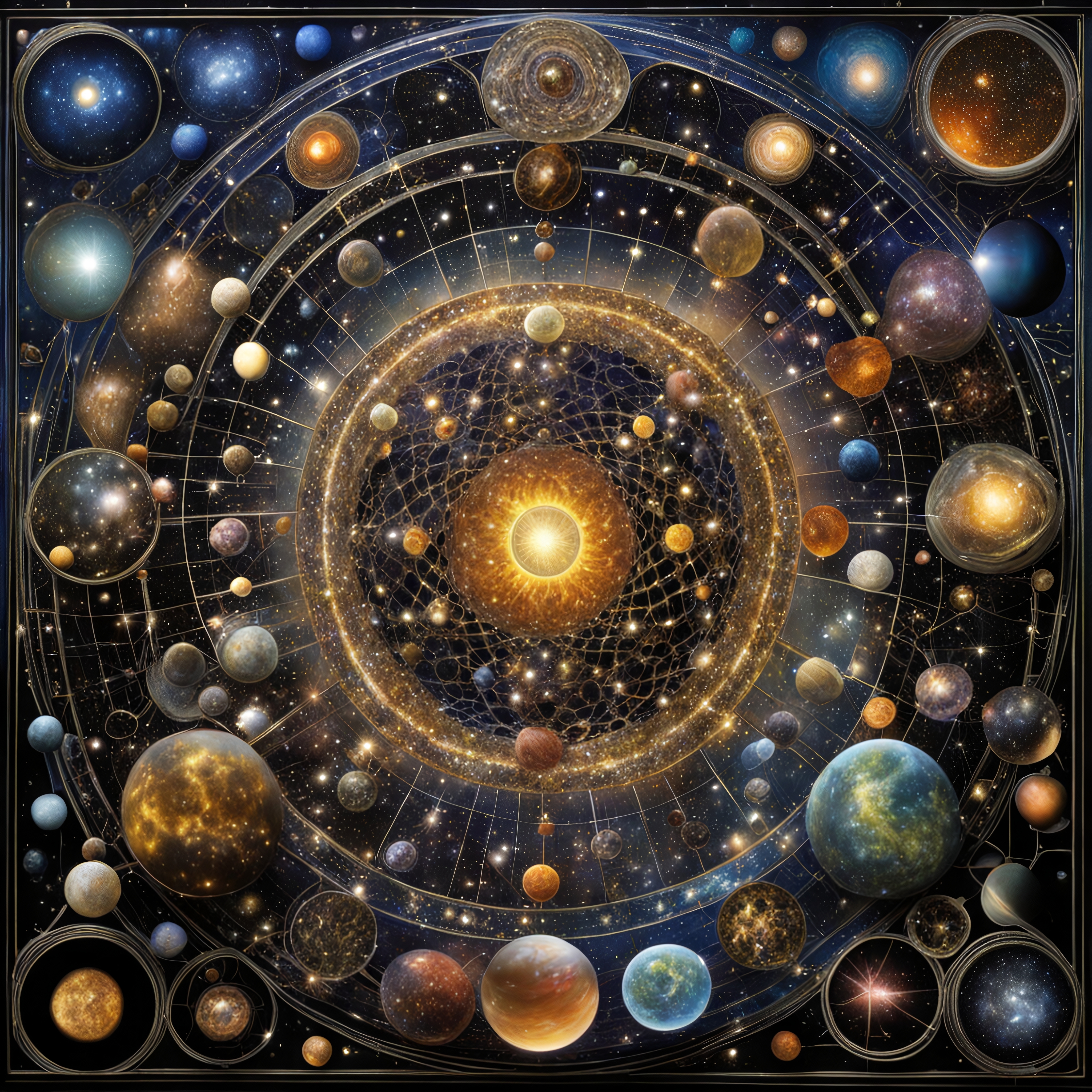 A cosmic illustration showing a sun surrounded by numerous orbiting planets and stars in a colorful, intricate design.