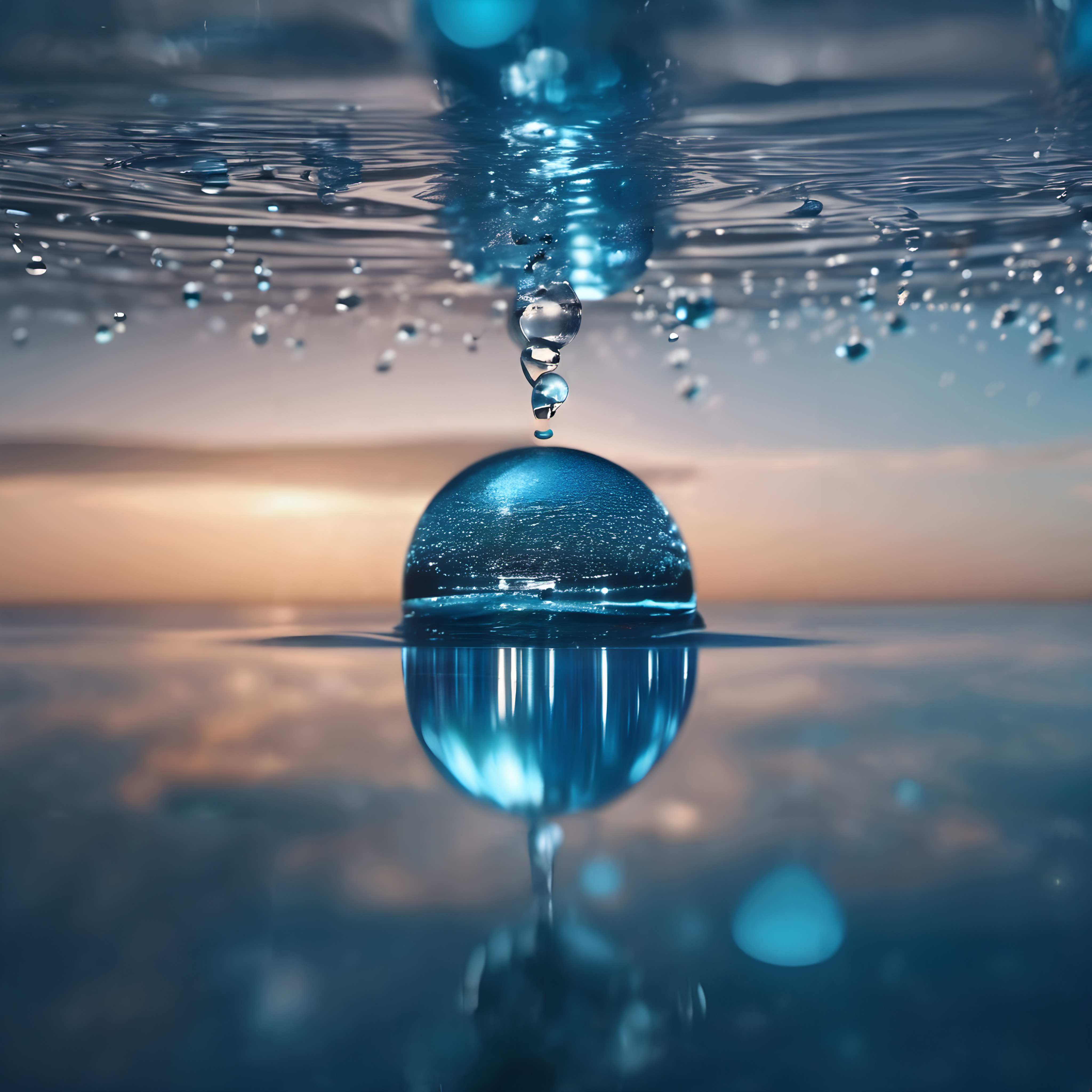 Water Droplet and Bubbles in Motion with Reflection
